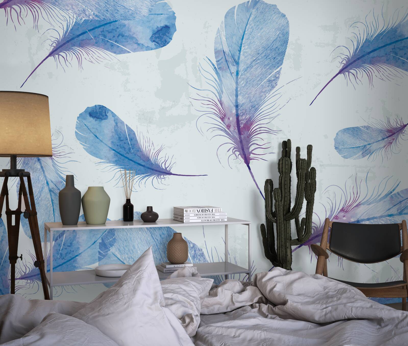 Фотошпалери синє пір'я на білому тлі