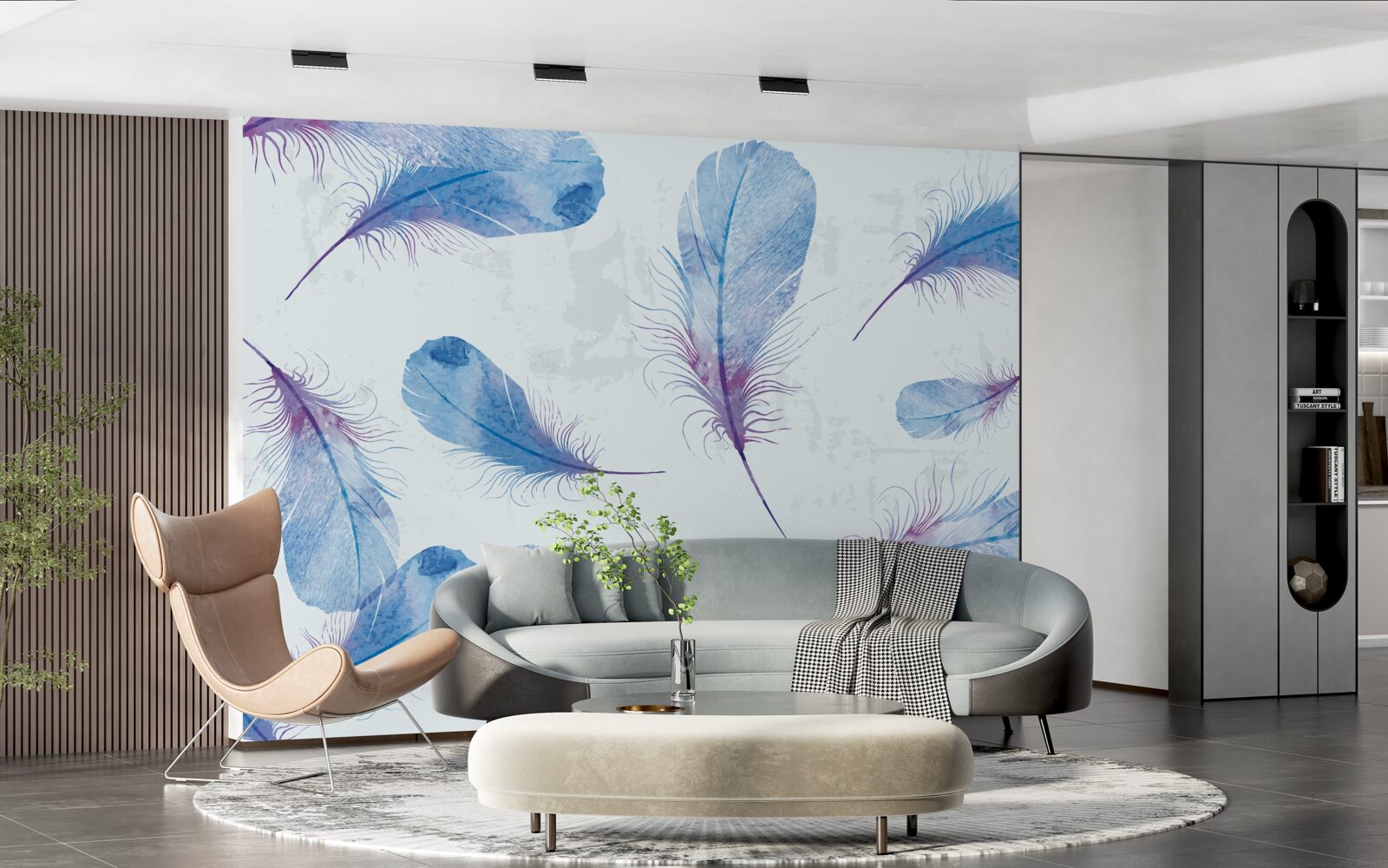 Фотошпалери синє пір'я на білому тлі