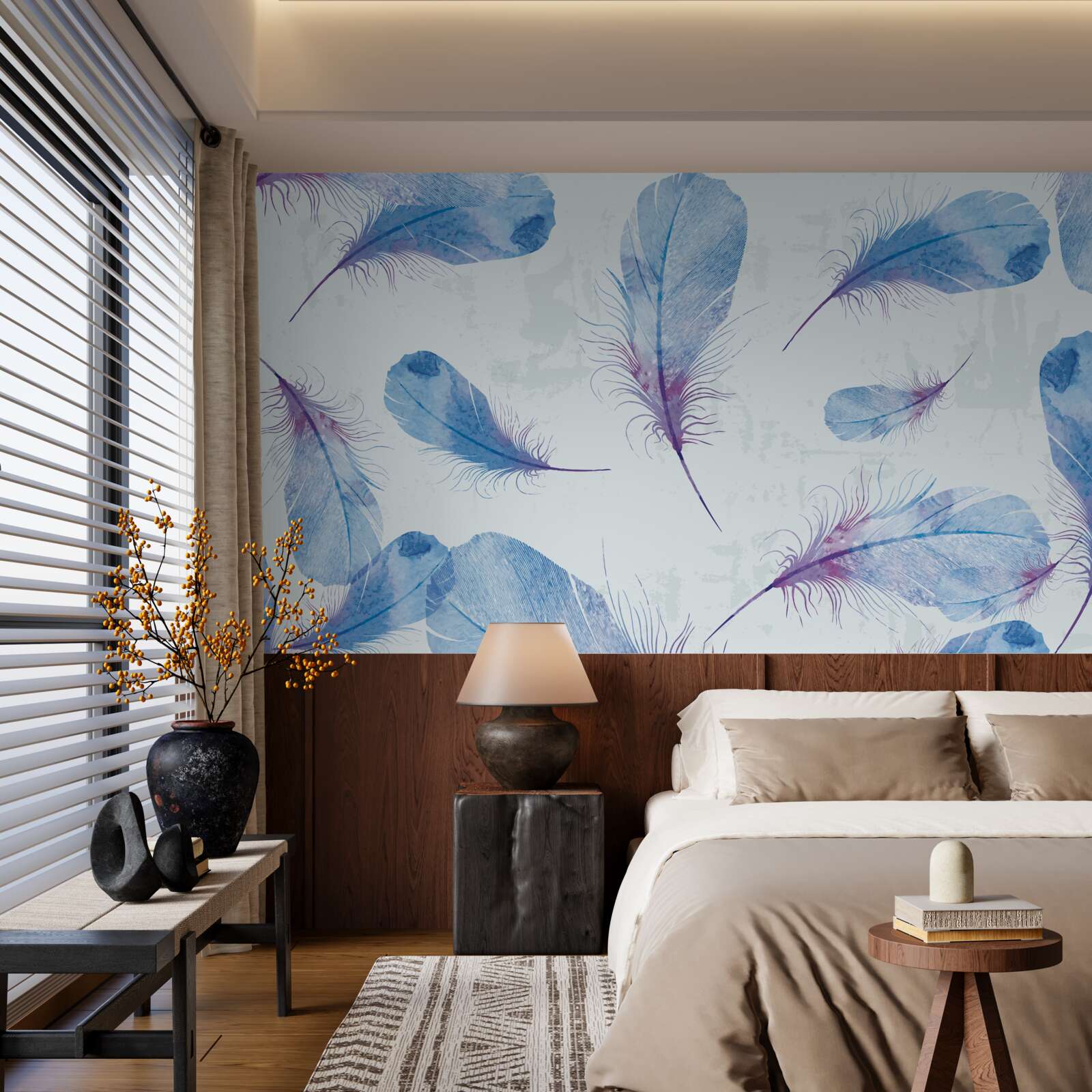 Фотошпалери синє пір'я на білому тлі