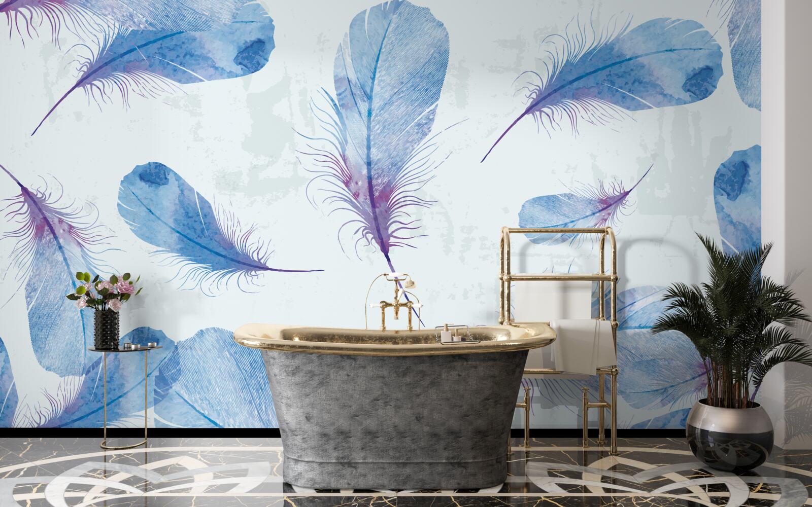 Фотошпалери синє пір'я на білому тлі