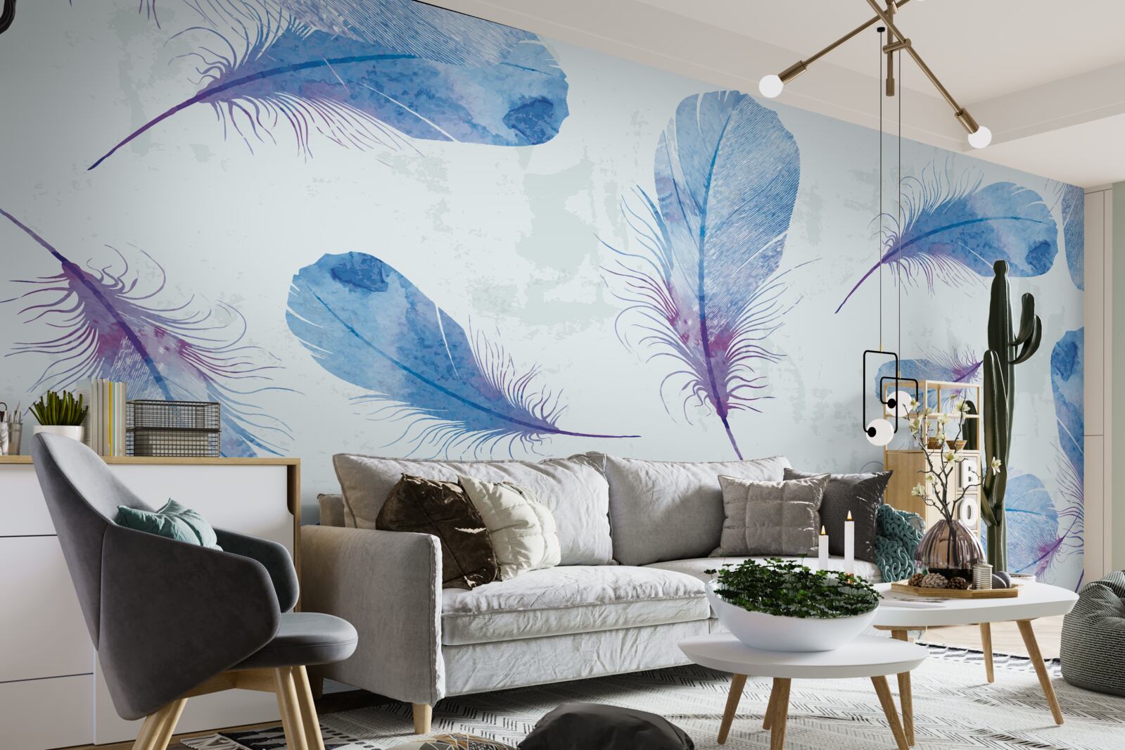 Фотошпалери синє пір'я на білому тлі