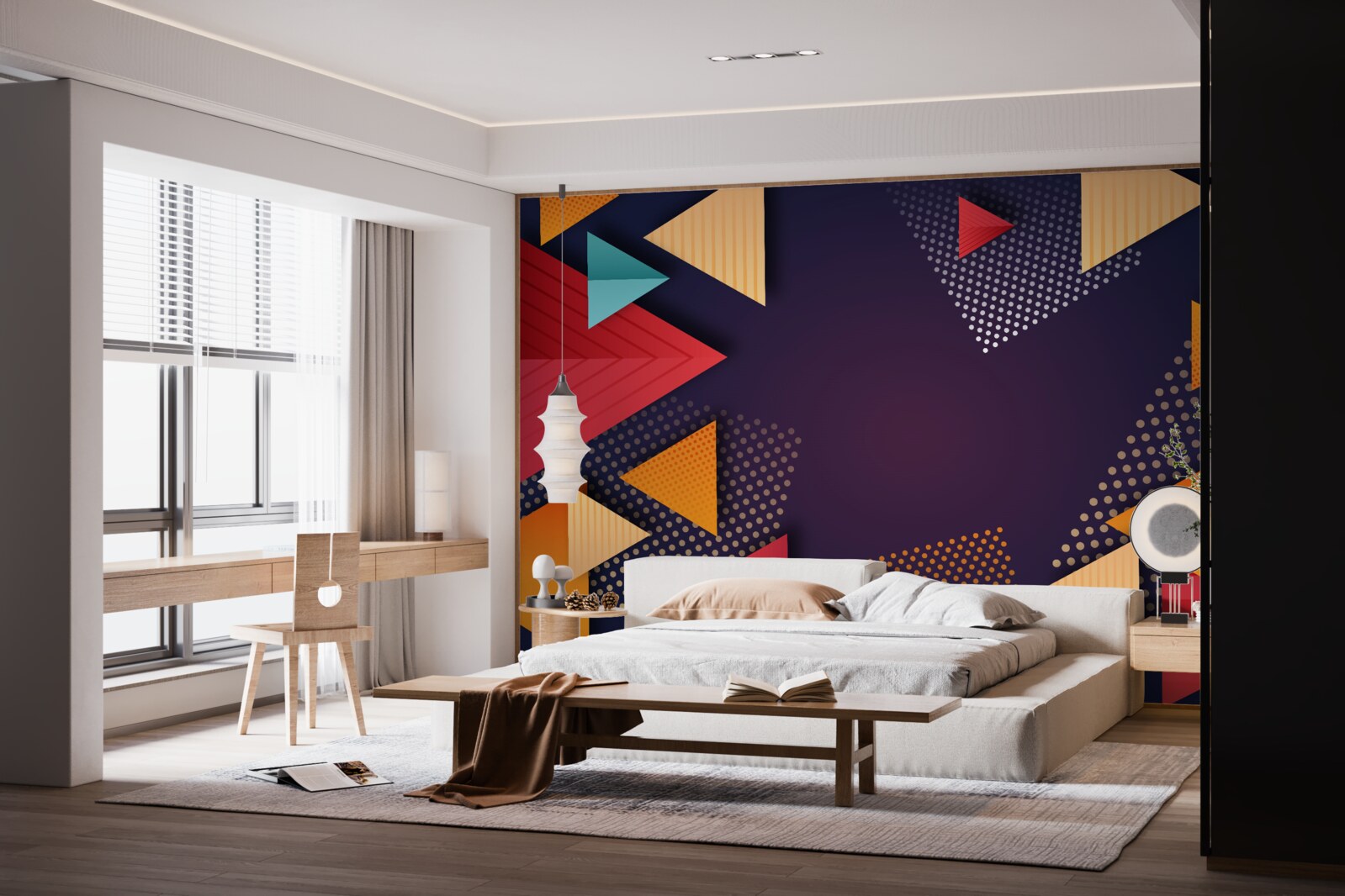 Фотошпалери трикутники різних відтінків на фіолетовому тлі