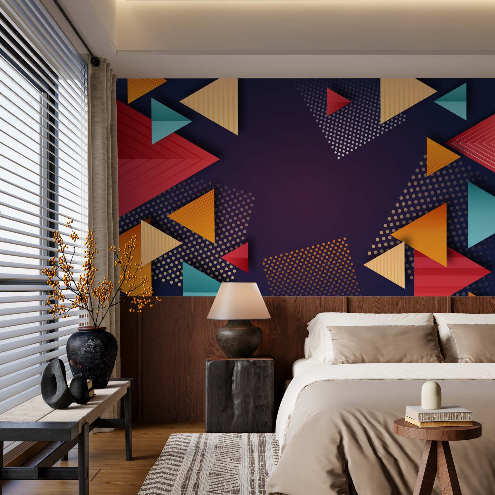 Фотошпалери трикутники різних відтінків на фіолетовому тлі