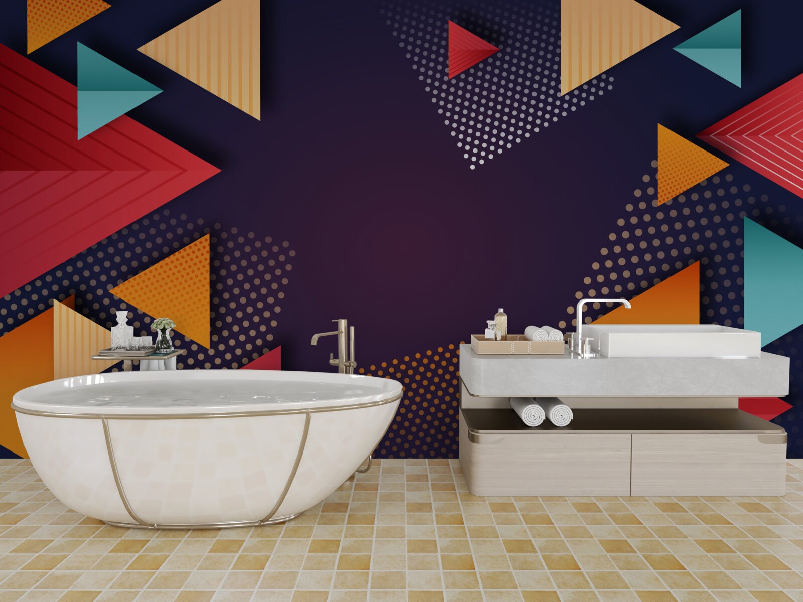 Фотошпалери трикутники різних відтінків на фіолетовому тлі