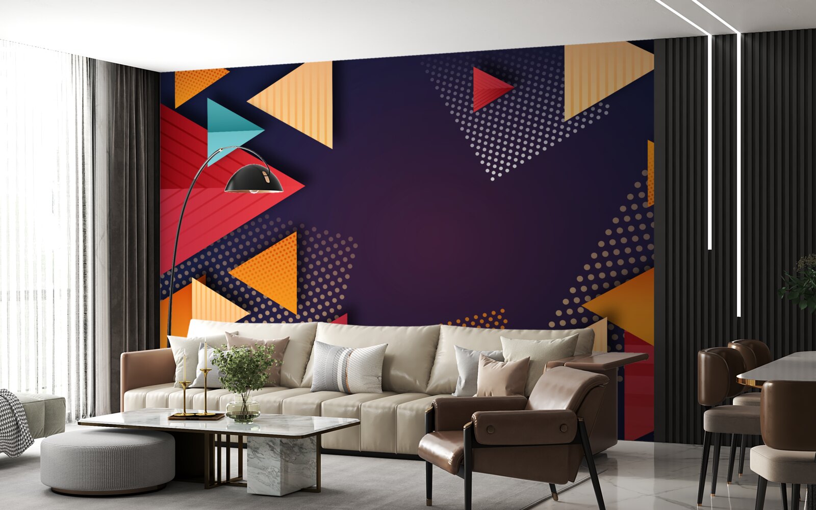 Фотошпалери трикутники різних відтінків на фіолетовому тлі