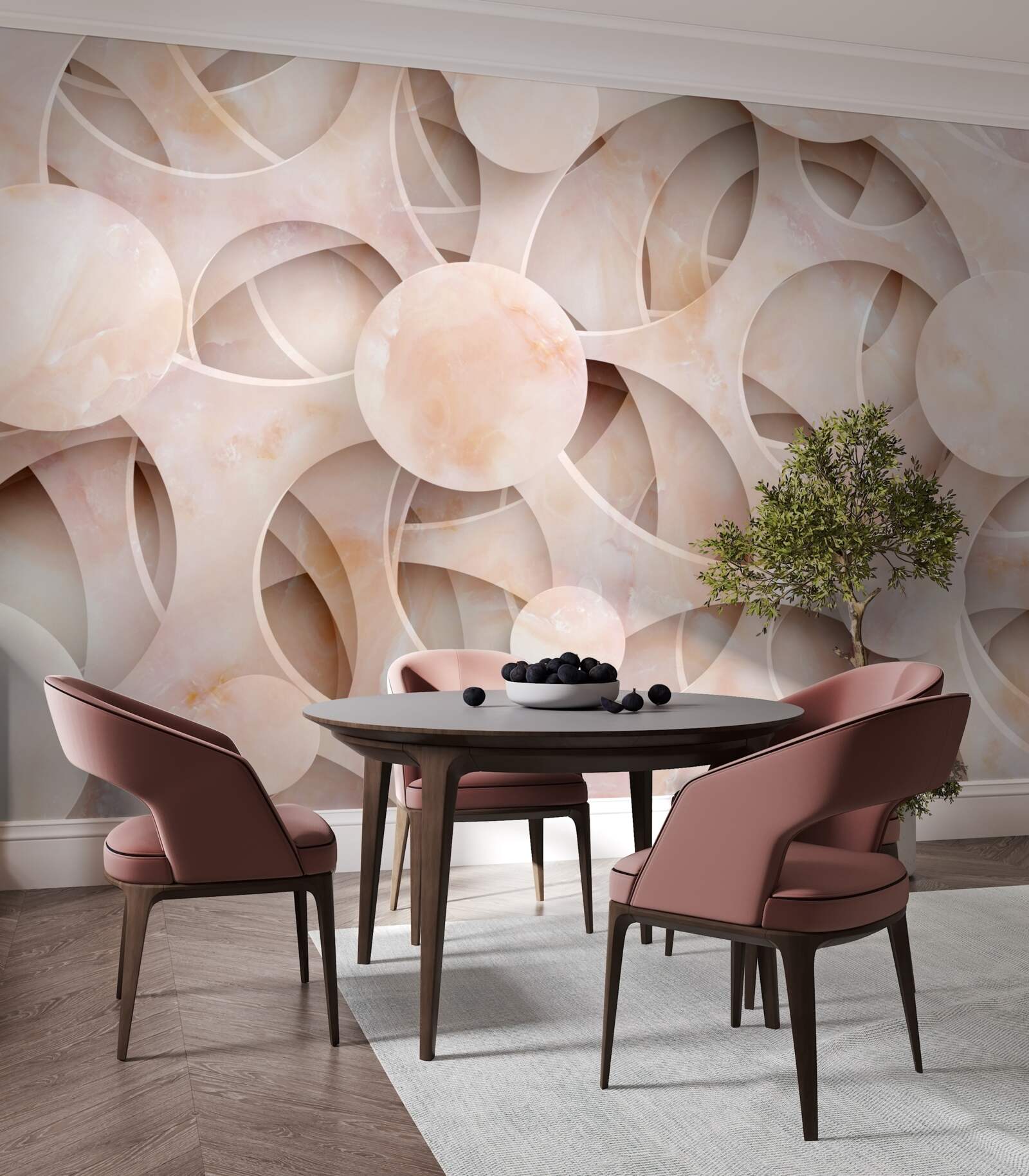 Фотошпалери округлі форми та вигнуті лінії на рожевому тлі