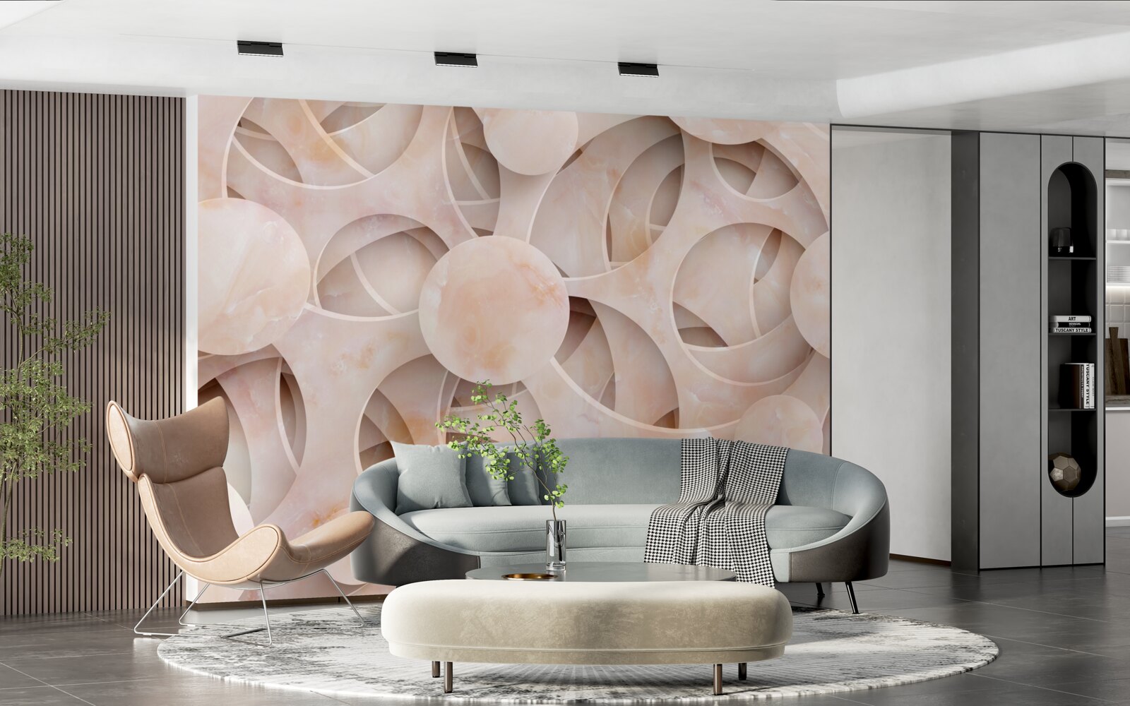 Фотошпалери округлі форми та вигнуті лінії на рожевому тлі