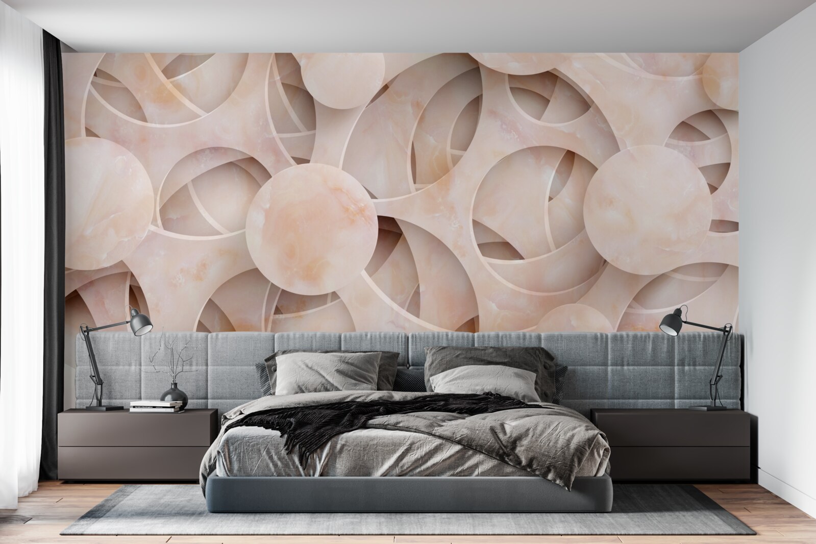 Фотошпалери округлі форми та вигнуті лінії на рожевому тлі