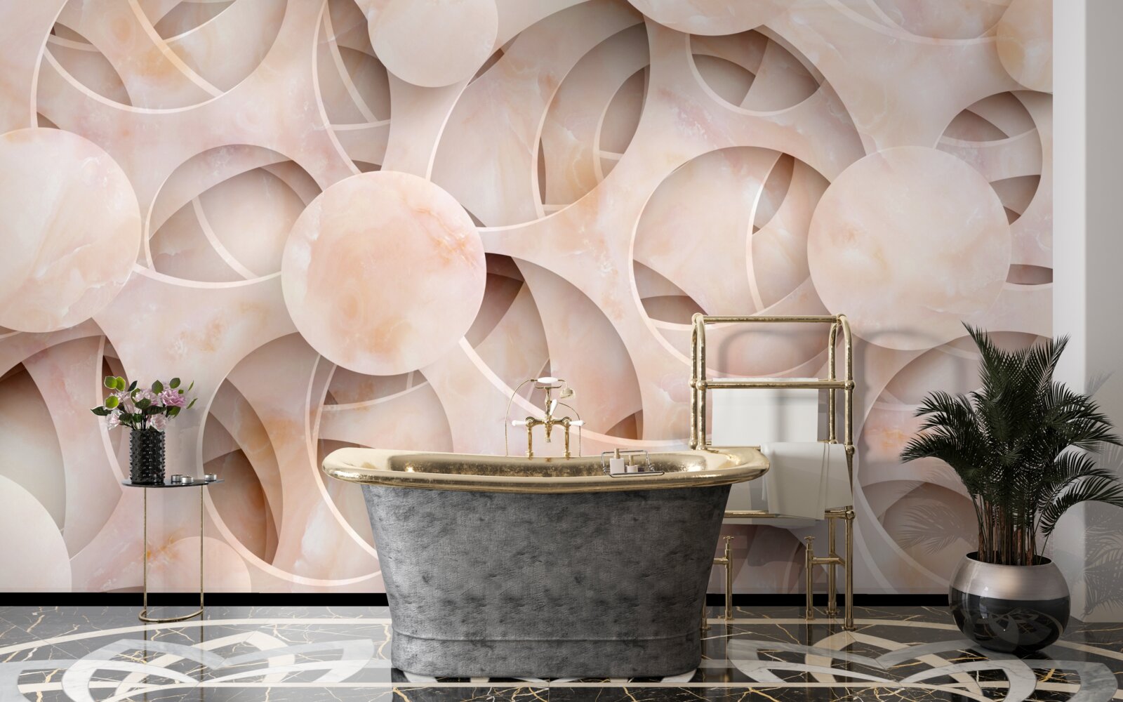 Фотошпалери округлі форми та вигнуті лінії на рожевому тлі