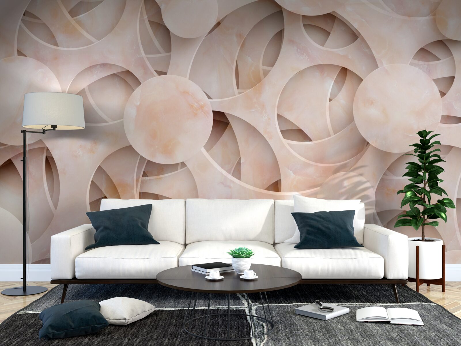 Фотошпалери округлі форми та вигнуті лінії на рожевому тлі