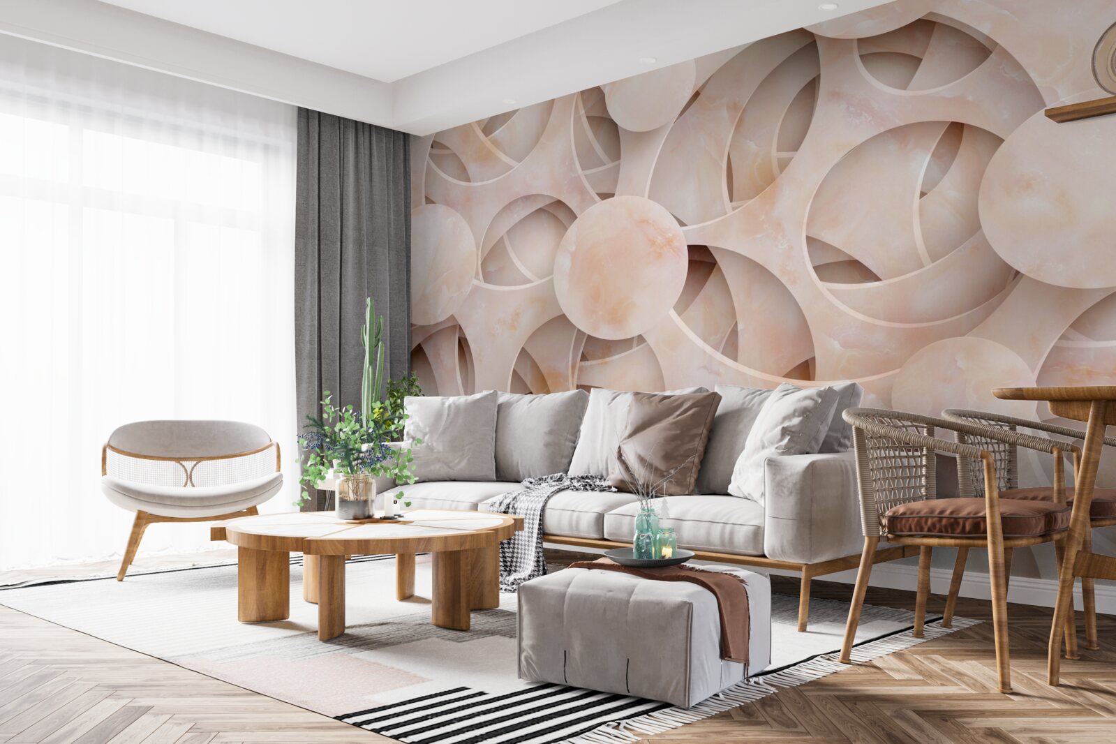 Фотошпалери округлі форми та вигнуті лінії на рожевому тлі