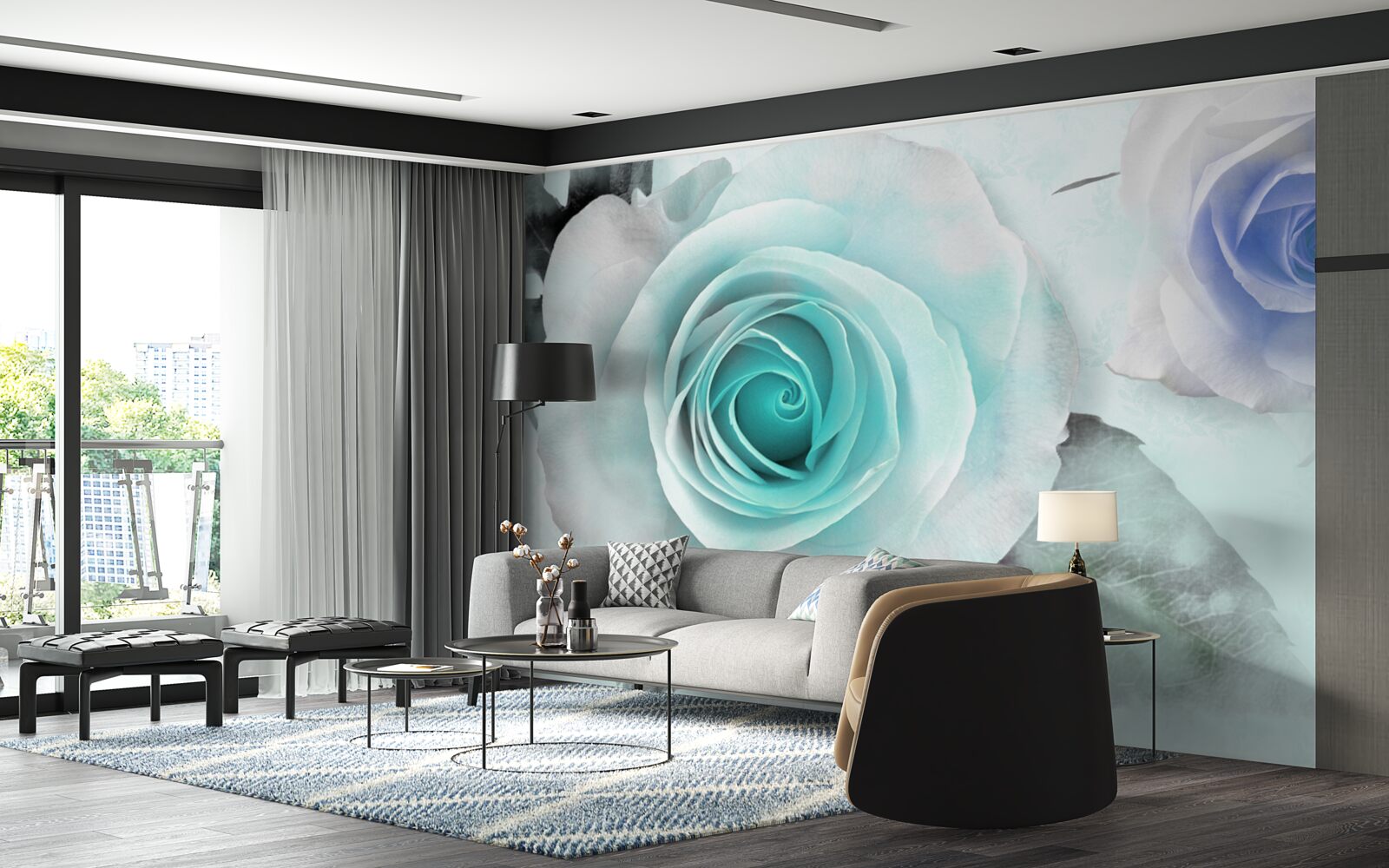 Фотошпалери троянди у відтінках синього та зеленого