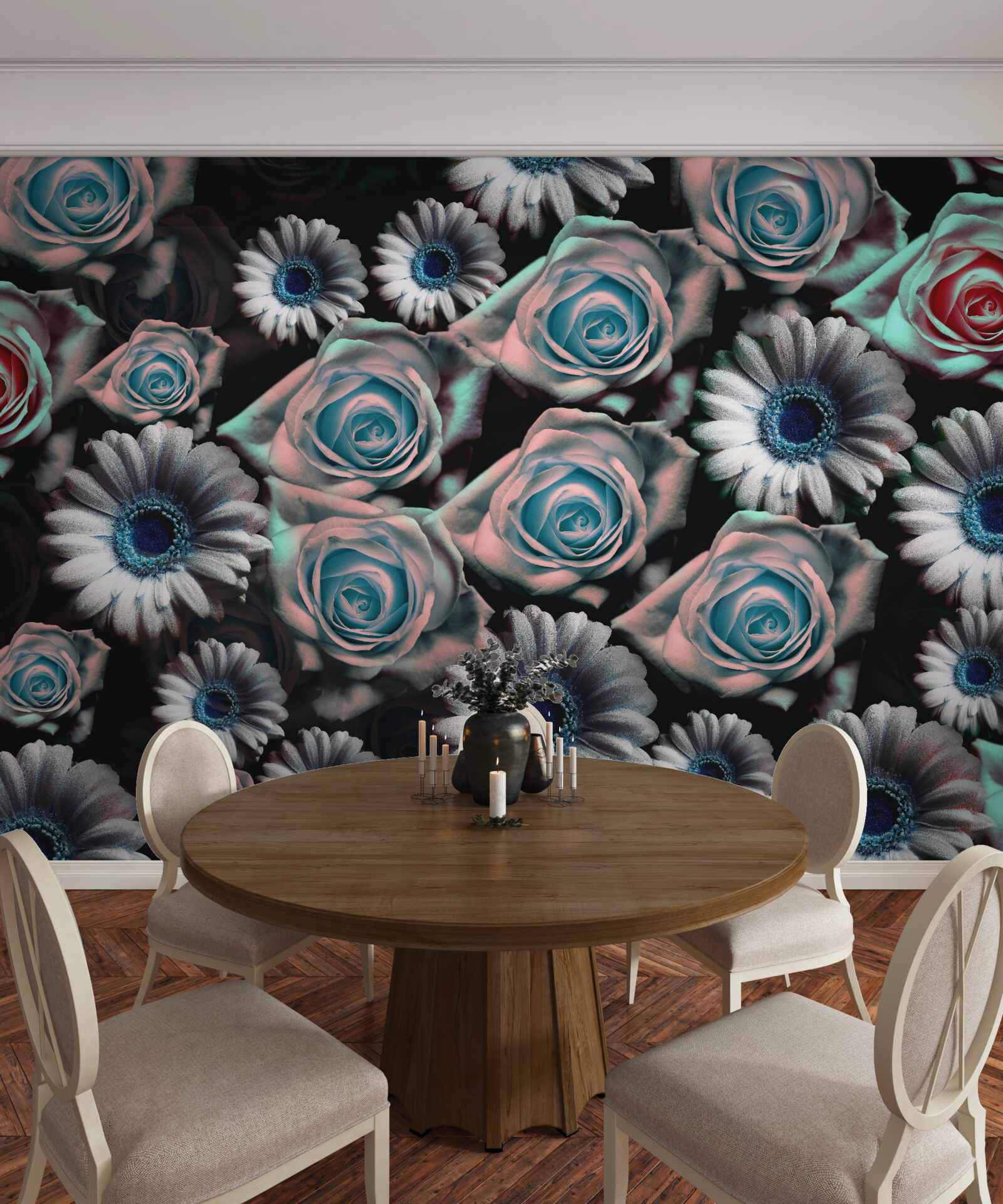 Фотошпалери гербери та троянди на чорному тлі