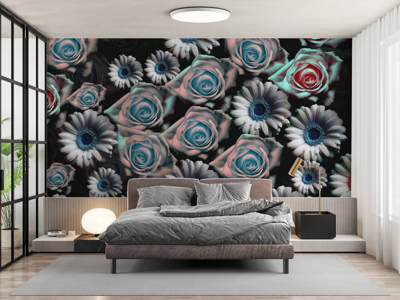 Фотошпалери гербери та троянди на чорному тлі