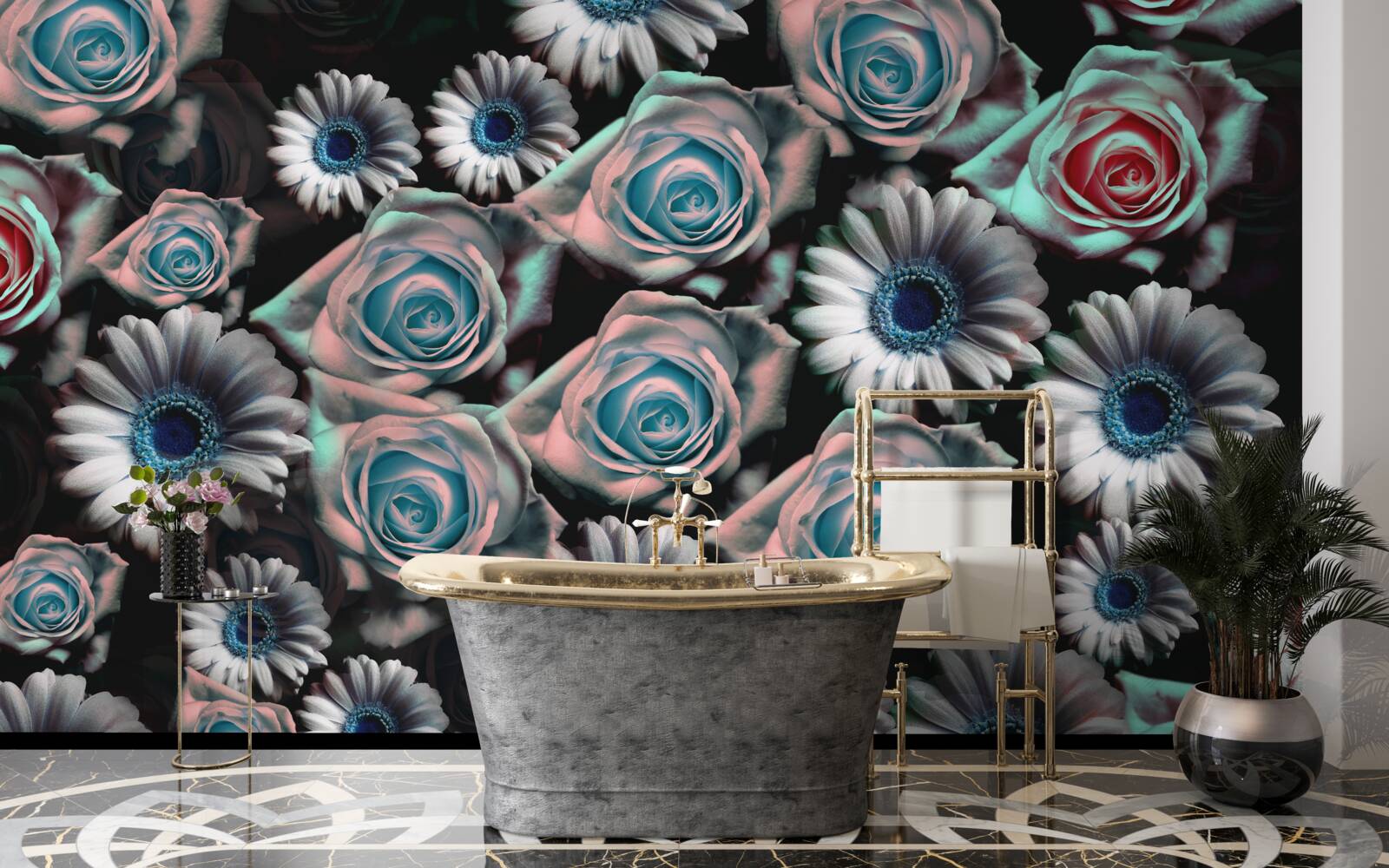 Фотошпалери гербери та троянди на чорному тлі