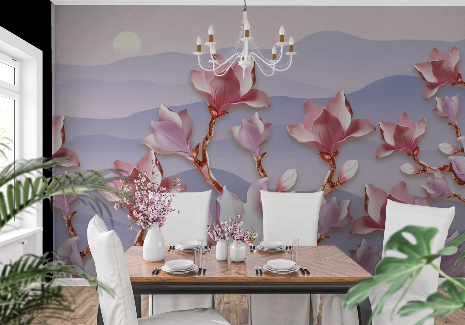 Фотошпалери бутони магнолії рожевіють на тлі світанку вмираючого дня