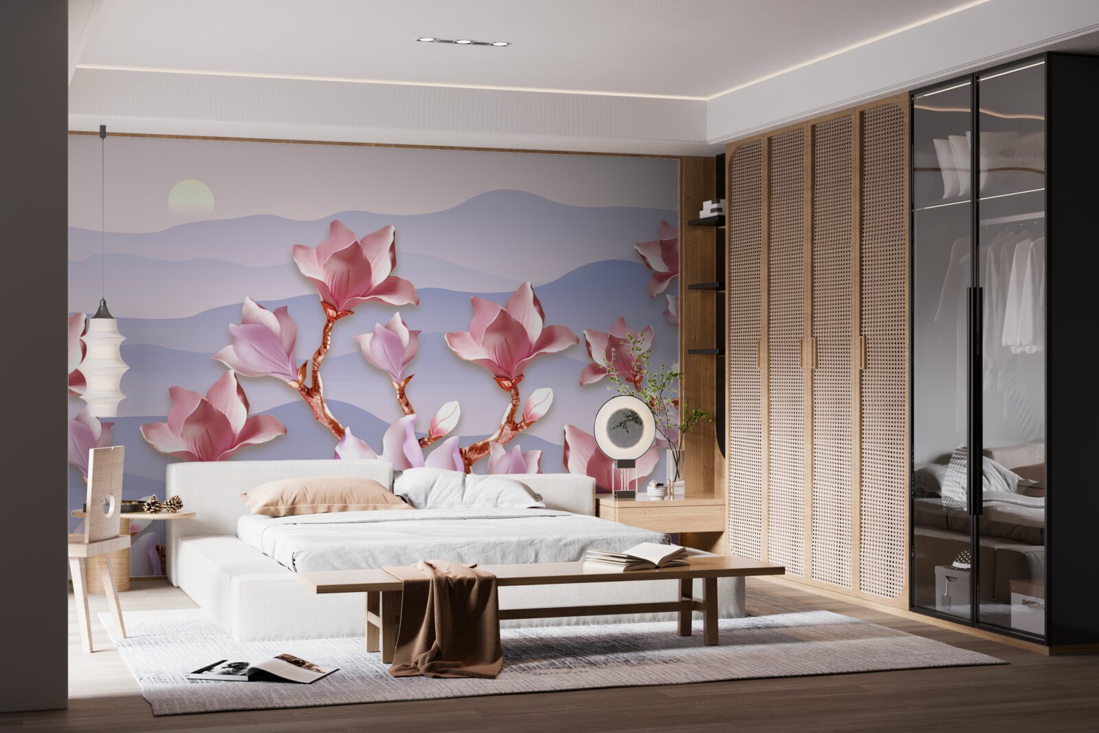 Фотошпалери бутони магнолії рожевіють на тлі світанку вмираючого дня