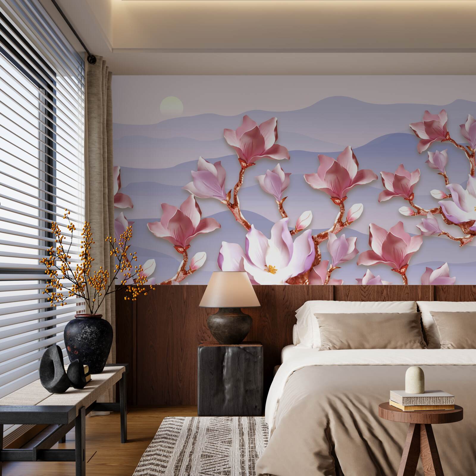 Фотошпалери бутони магнолії рожевіють на тлі світанку вмираючого дня