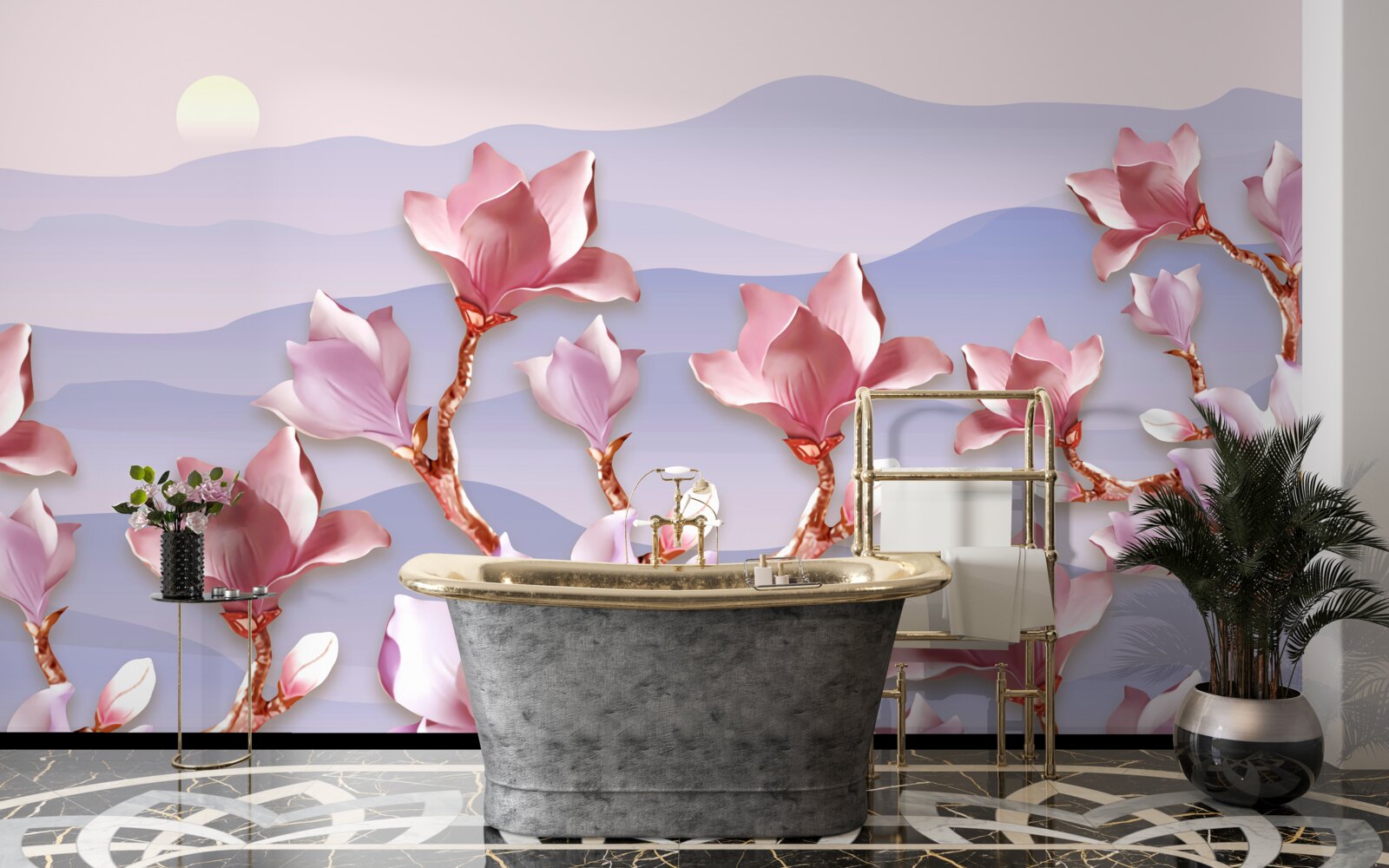 Фотошпалери бутони магнолії рожевіють на тлі світанку вмираючого дня