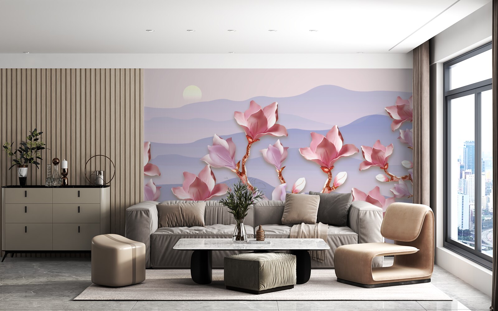 Фотошпалери бутони магнолії рожевіють на тлі світанку вмираючого дня