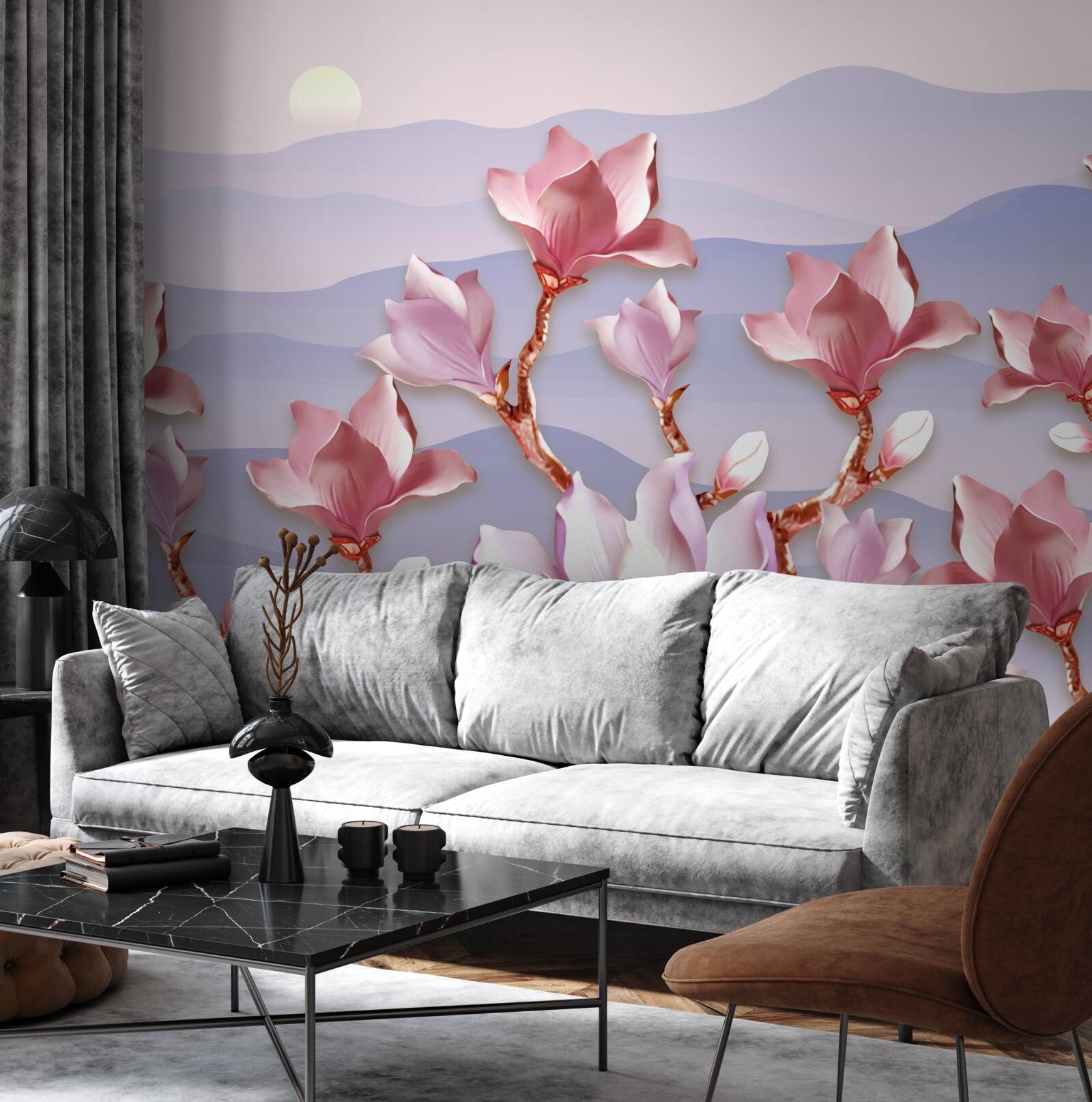 Фотошпалери бутони магнолії рожевіють на тлі світанку вмираючого дня