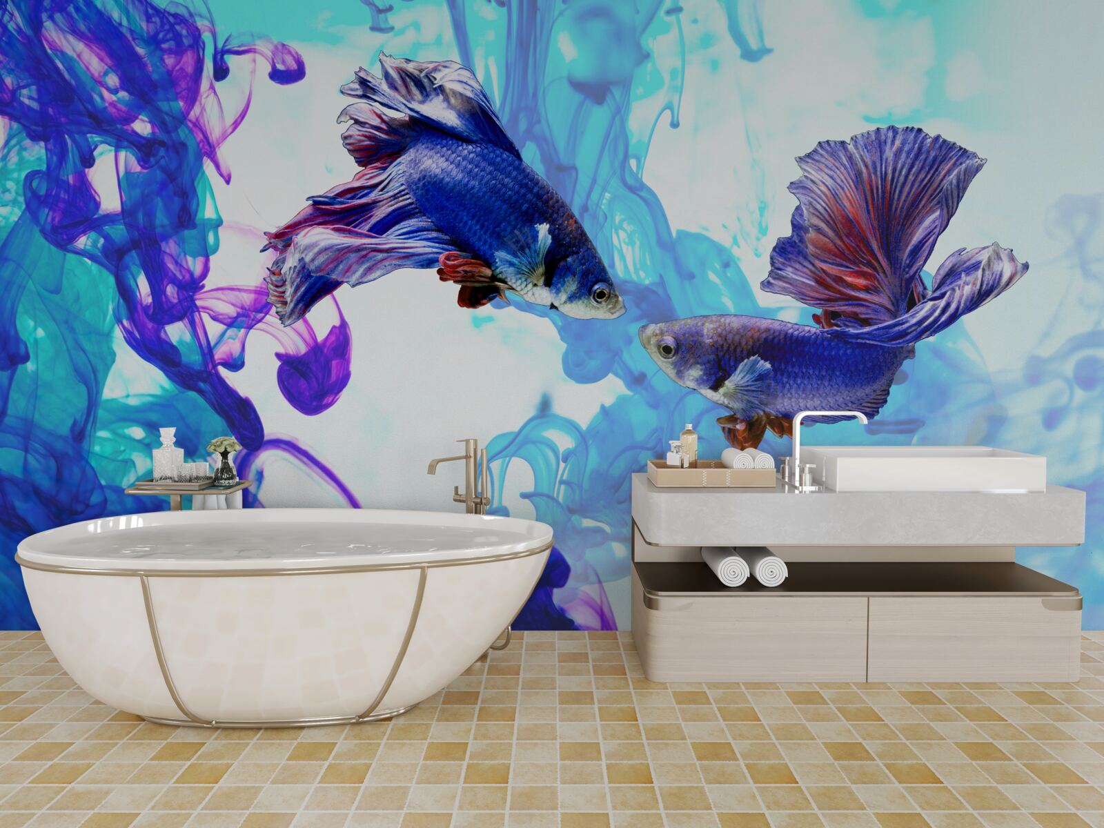 Фотошпалери водні мешканці з хвостами граються у вологій стихії