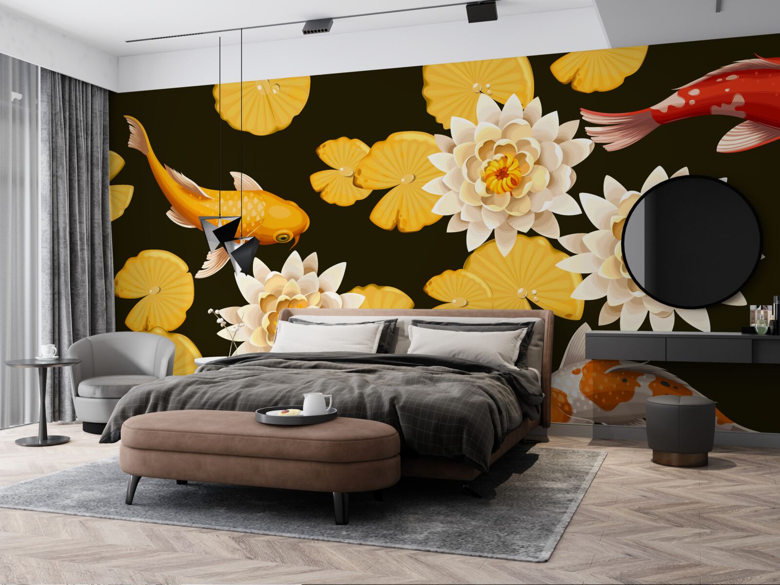 Фотошпалери осіннє озеро прикрашає квітучий лотос