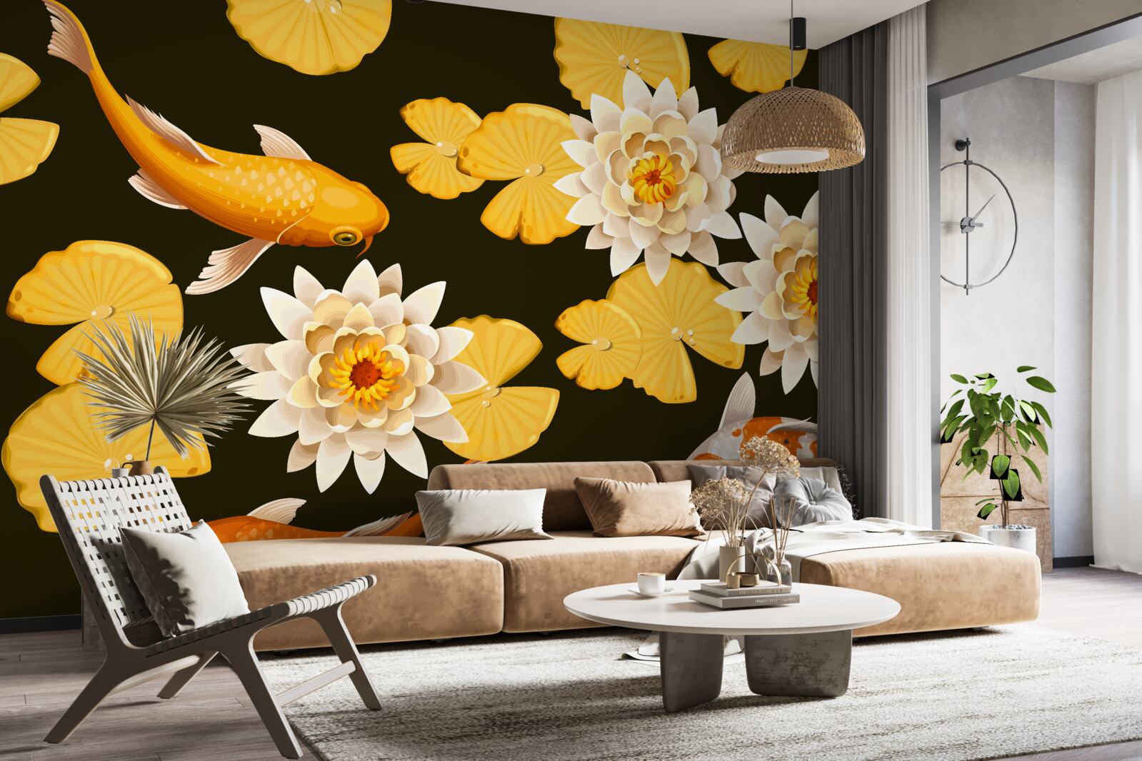 Фотошпалери осіннє озеро прикрашає квітучий лотос