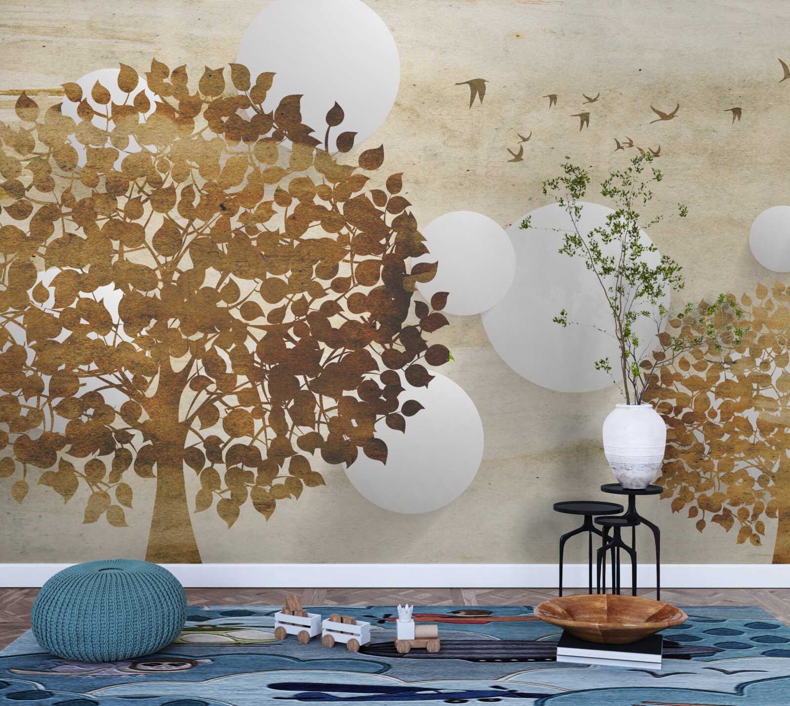 Фотошпалери білі кола і дерева на осінньому заході сонця