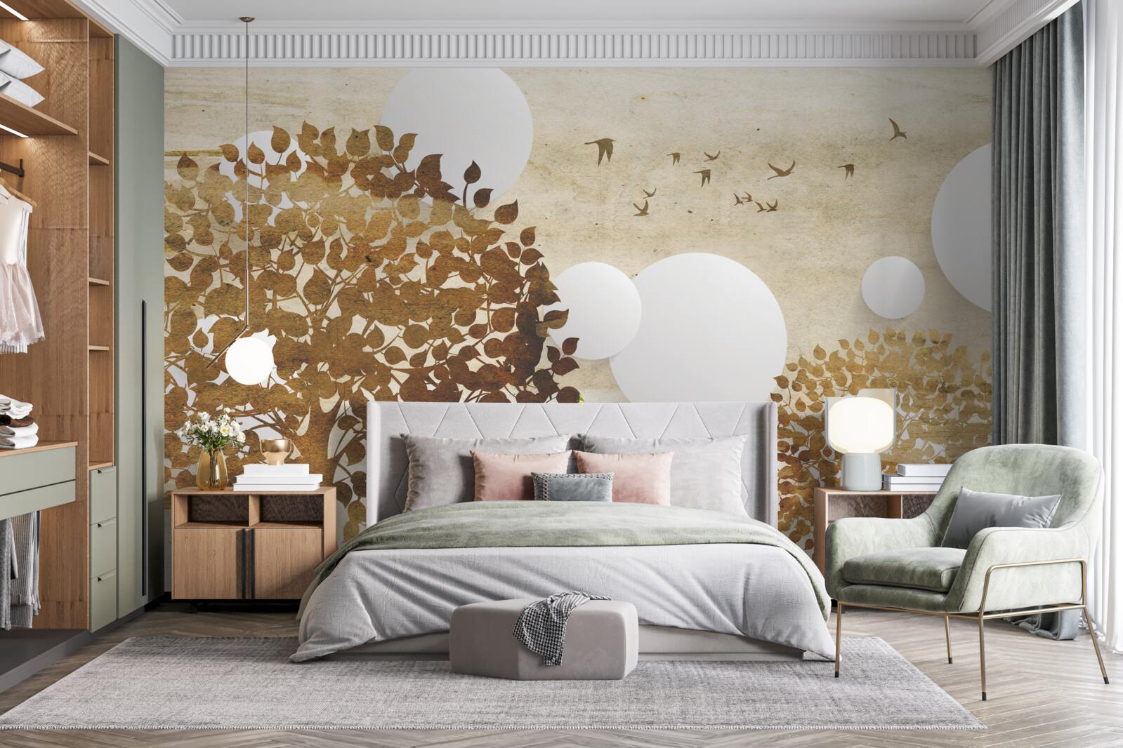 Фотошпалери білі кола і дерева на осінньому заході сонця