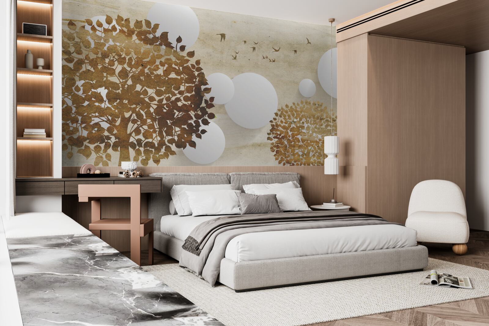 Фотошпалери білі кола і дерева на осінньому заході сонця