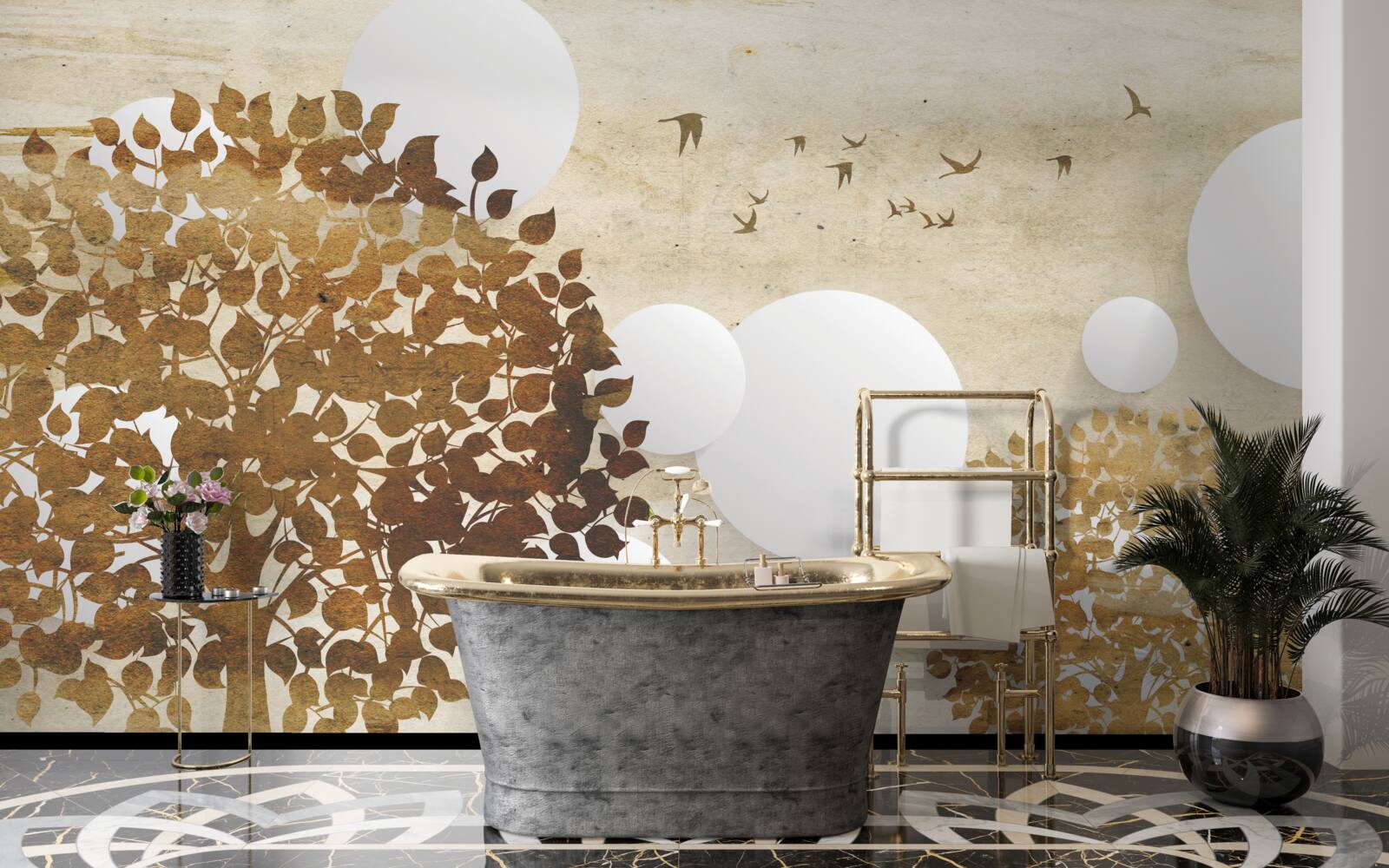 Фотошпалери білі кола і дерева на осінньому заході сонця