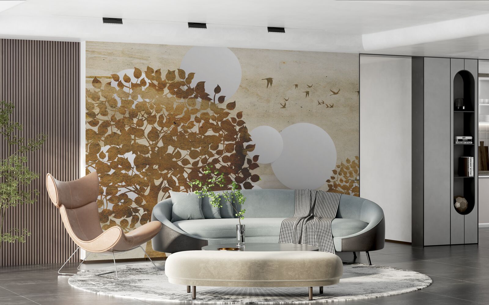 Фотошпалери білі кола і дерева на осінньому заході сонця