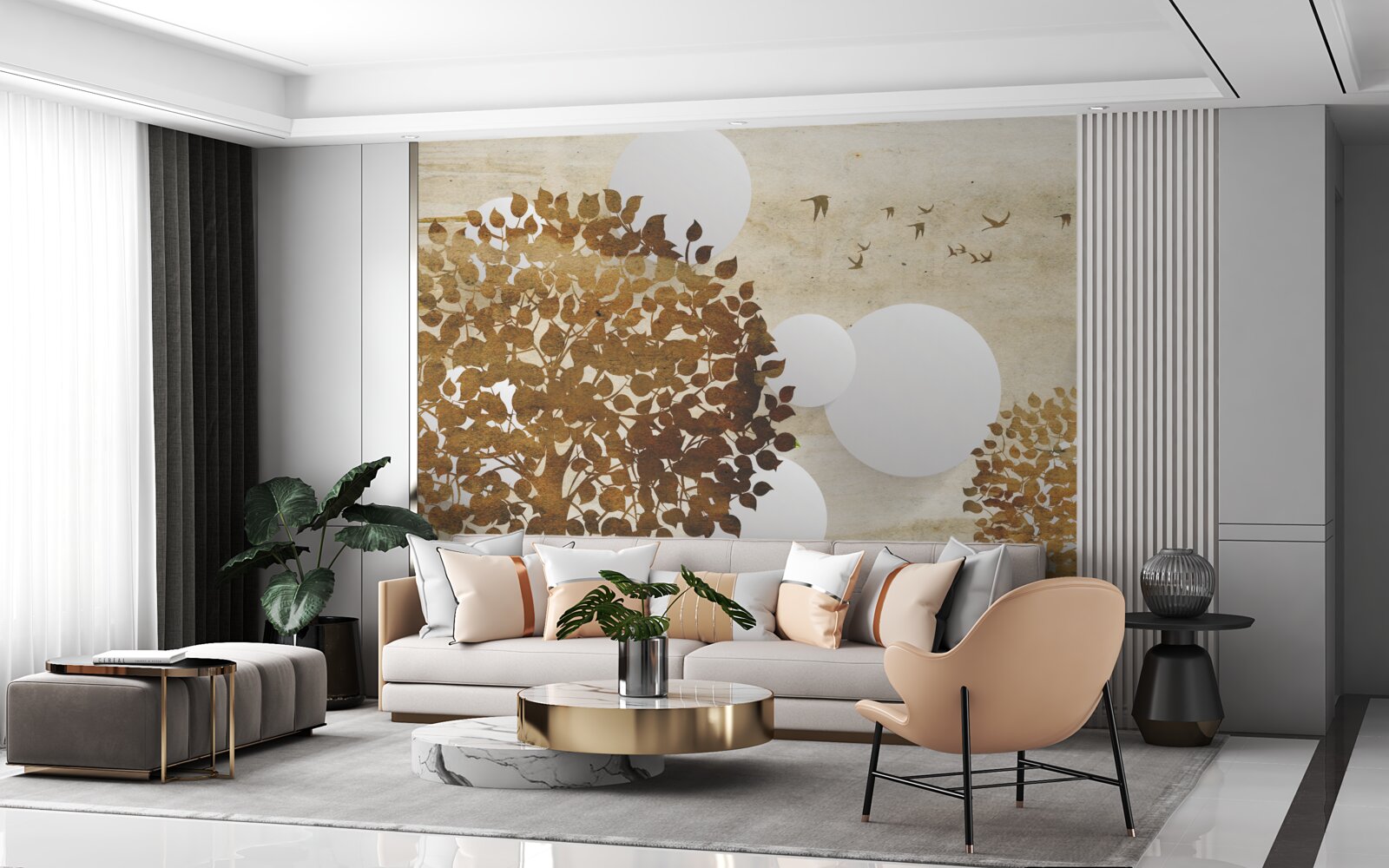 Фотошпалери білі кола і дерева на осінньому заході сонця