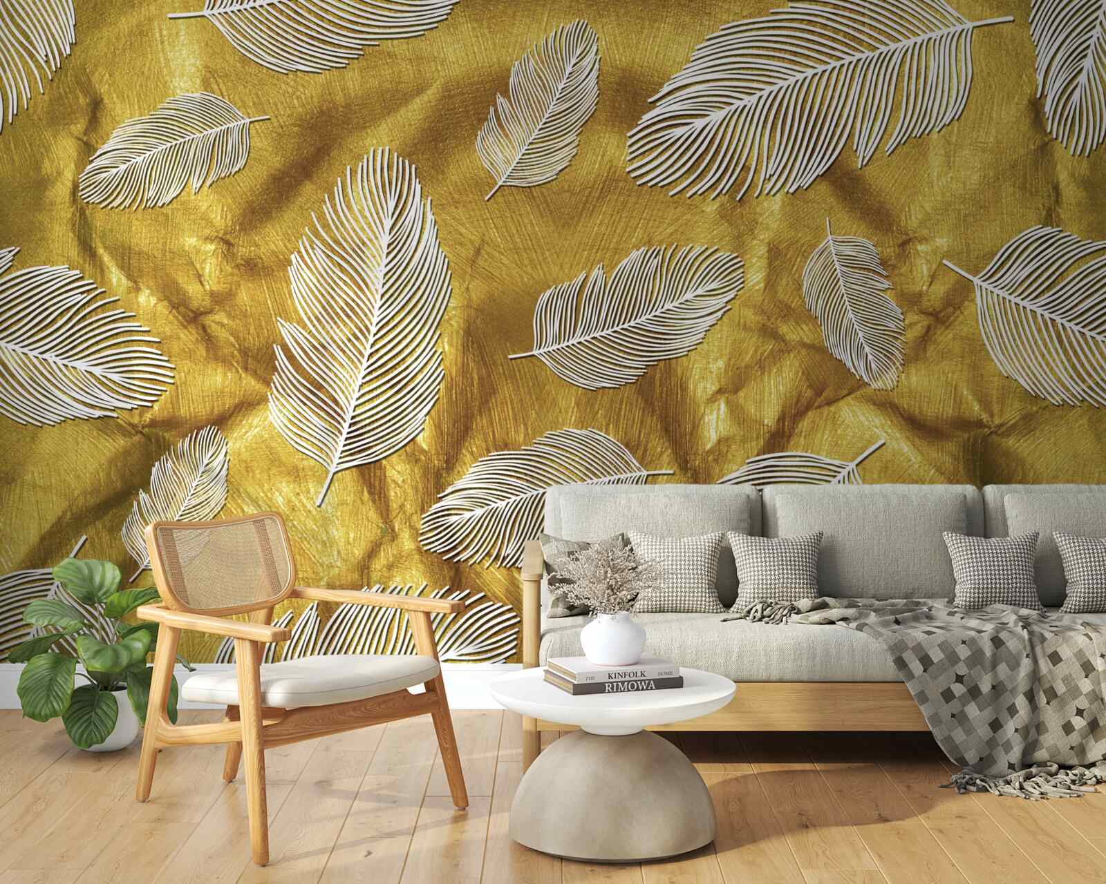 Фотошпалери тонке біле пір'я на золотому тлі