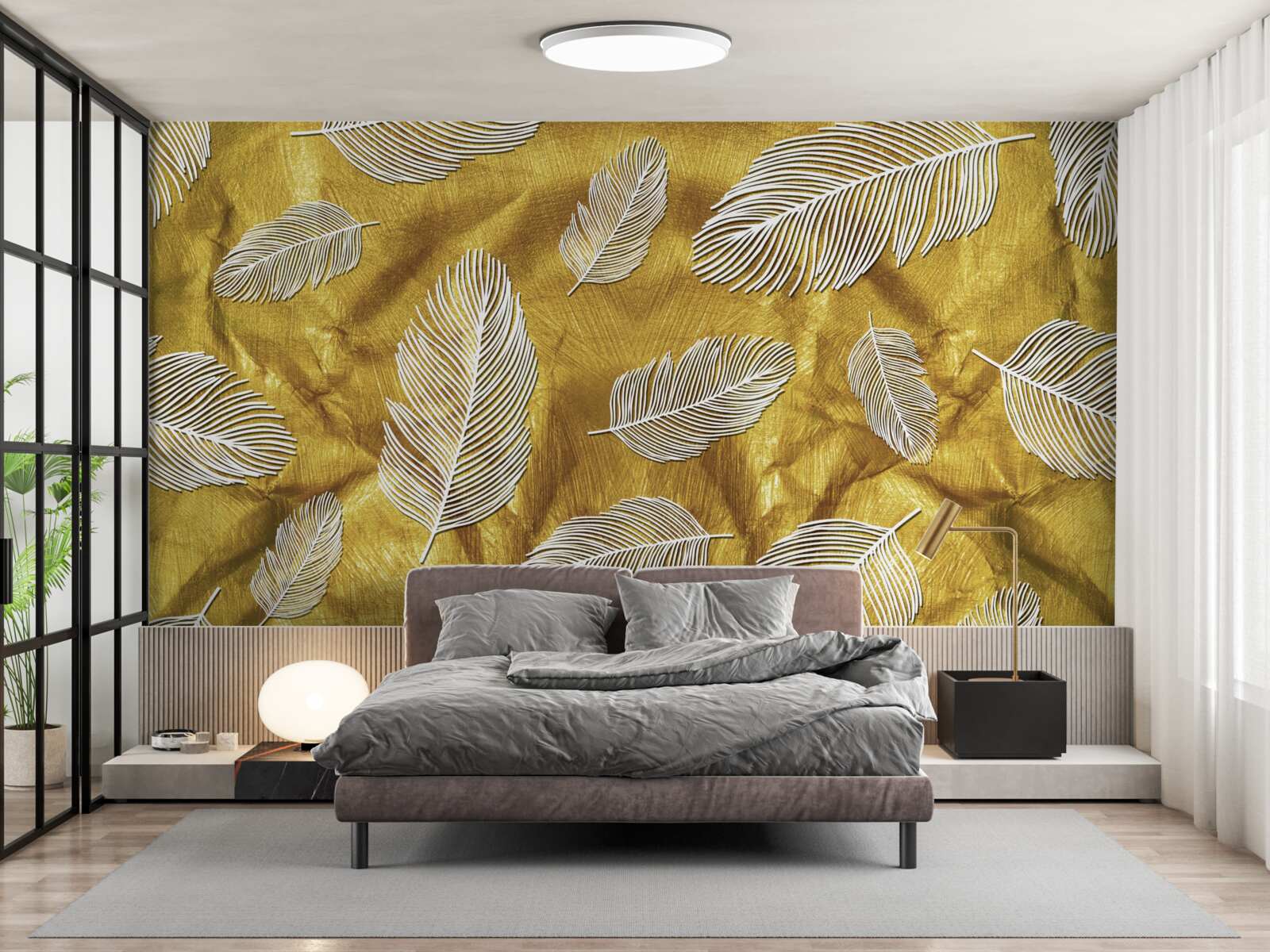 Фотошпалери тонке біле пір'я на золотому тлі