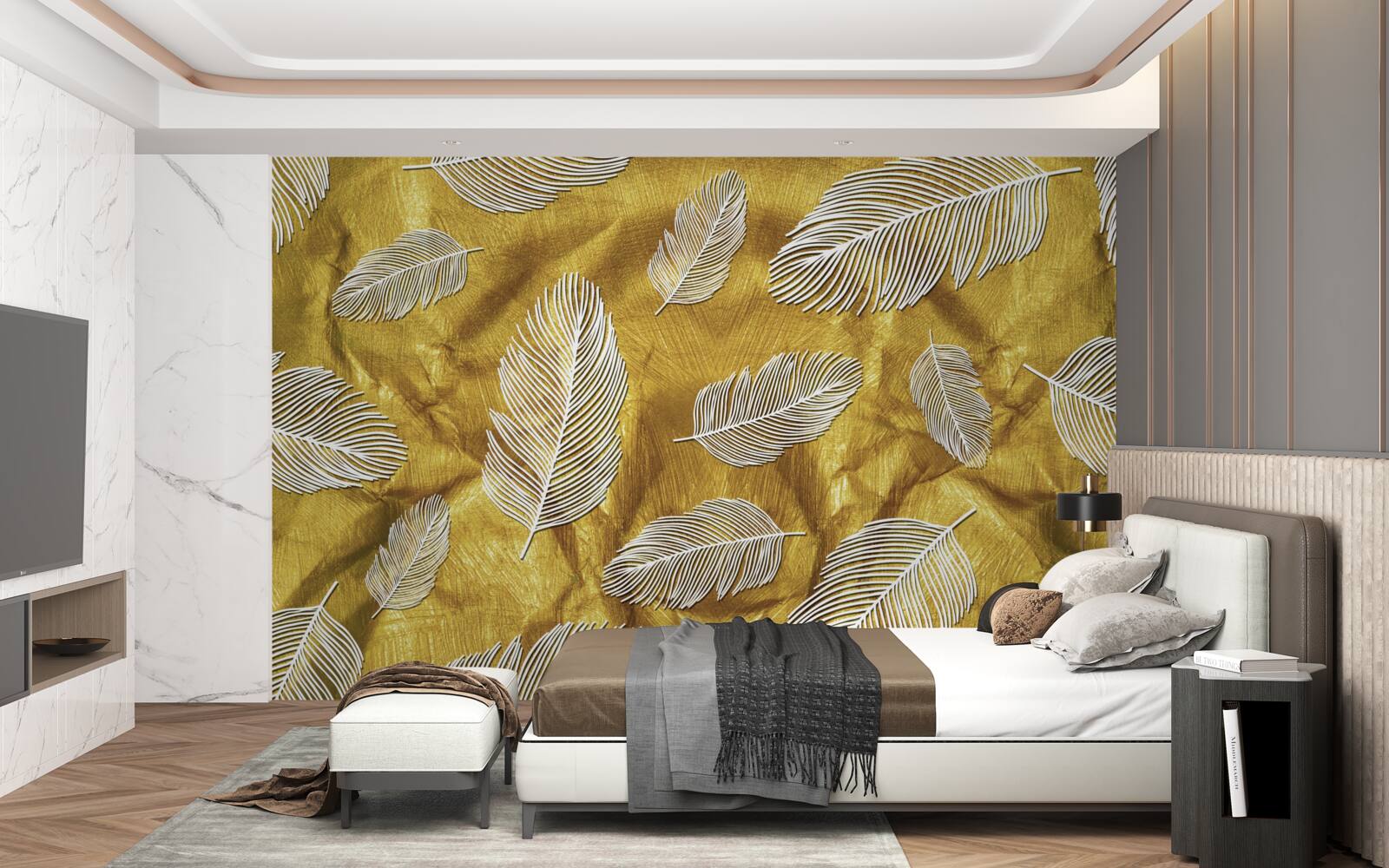 Фотошпалери тонке біле пір'я на золотому тлі