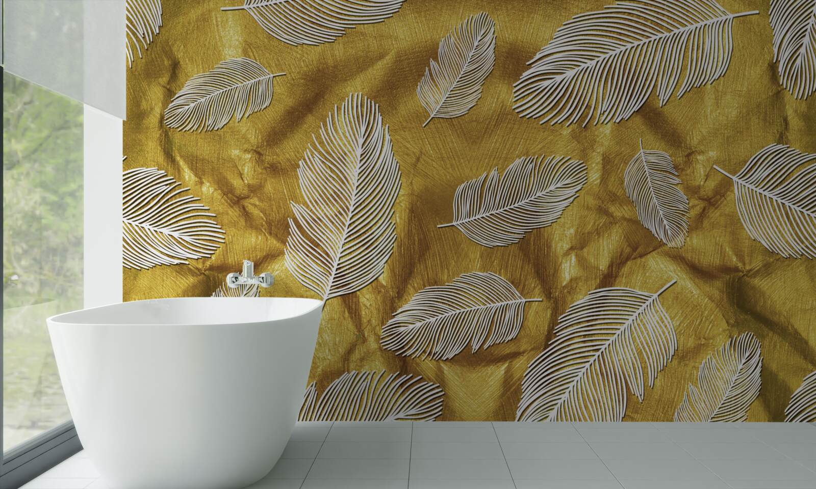 Фотошпалери тонке біле пір'я на золотому тлі