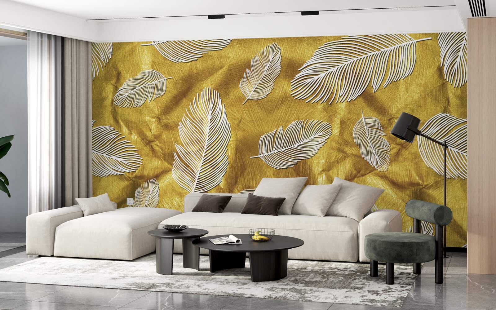 Фотошпалери тонке біле пір'я на золотому тлі