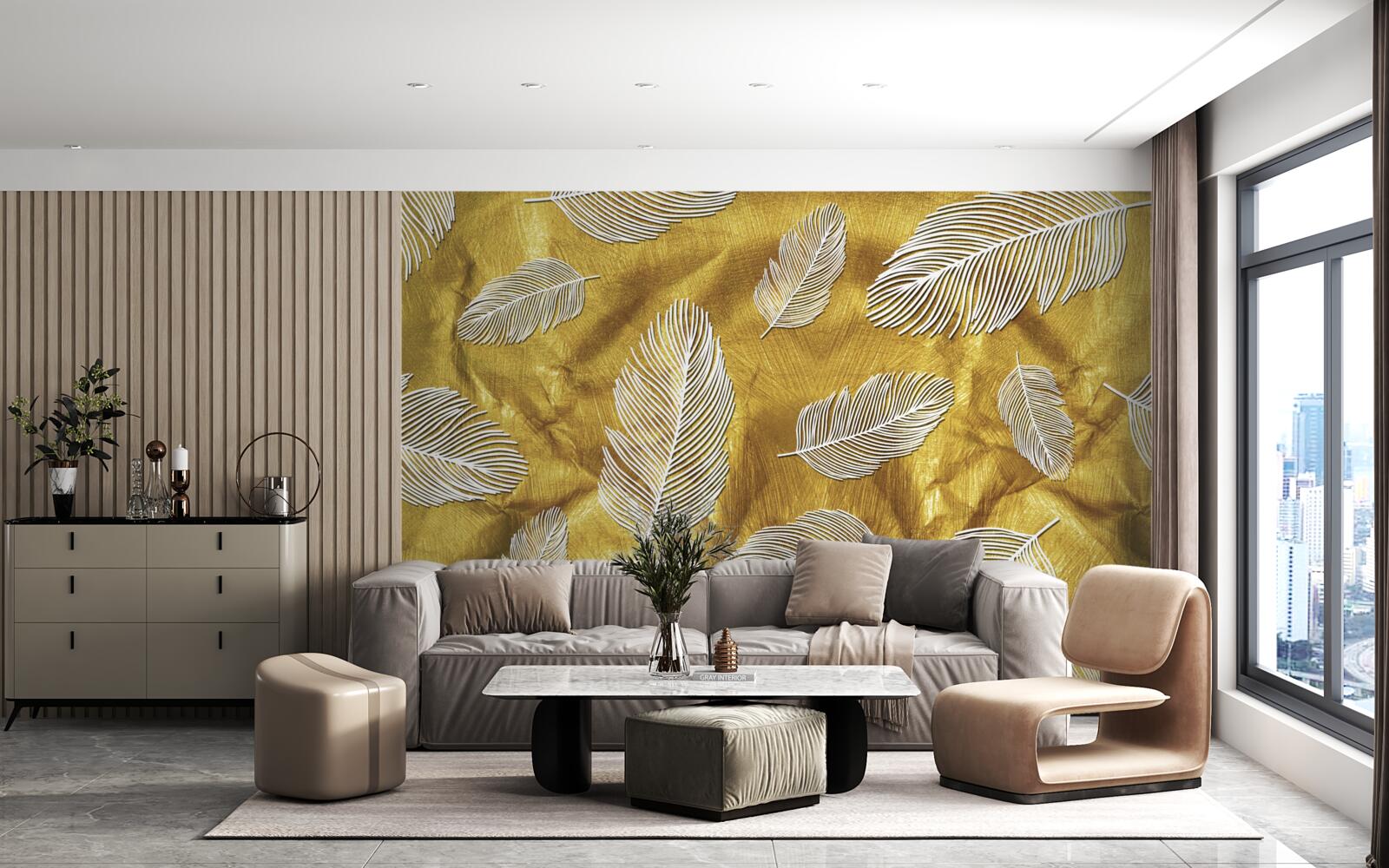 Фотошпалери тонке біле пір'я на золотому тлі