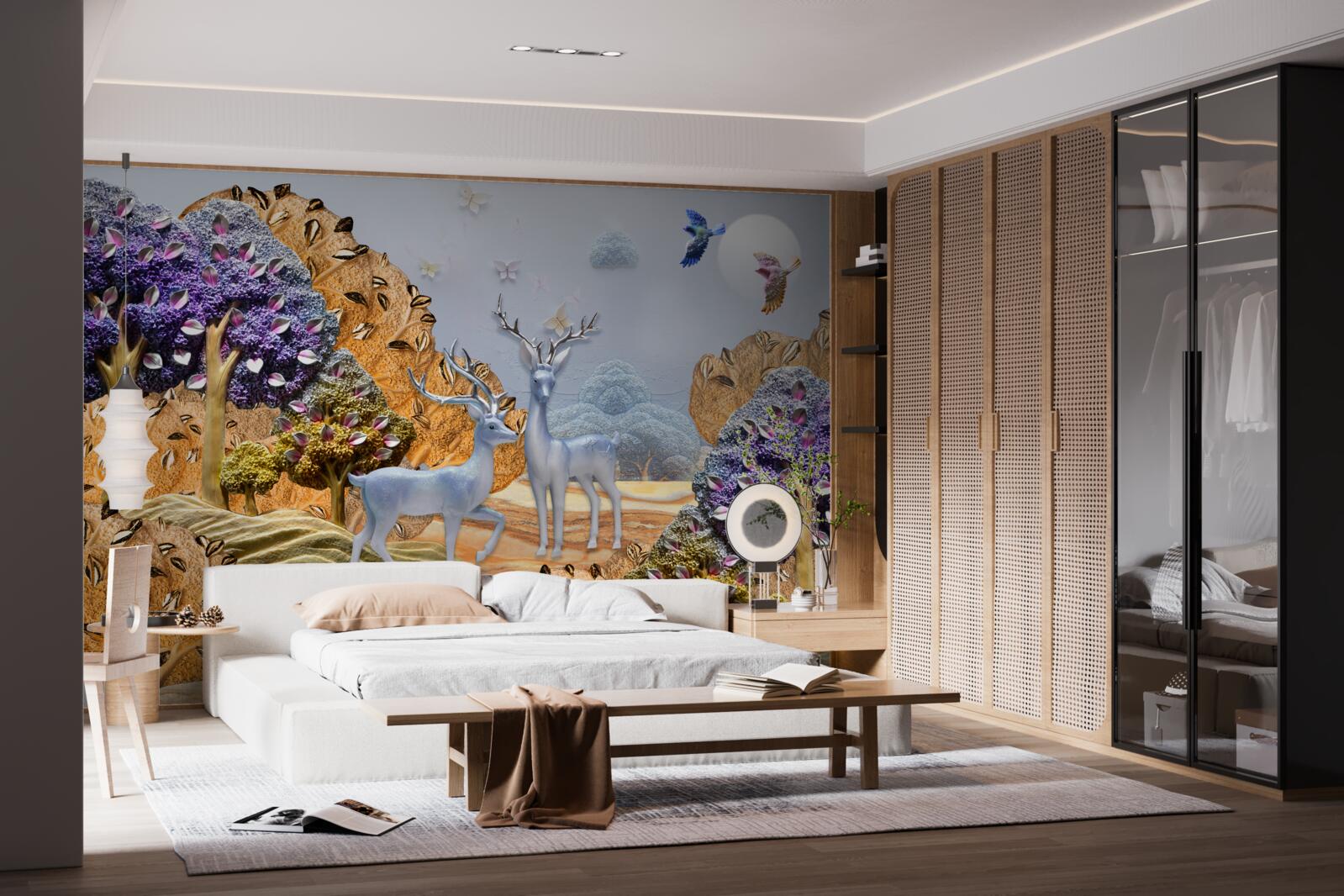 Фотошпалери вечірній ліс восени і два олені