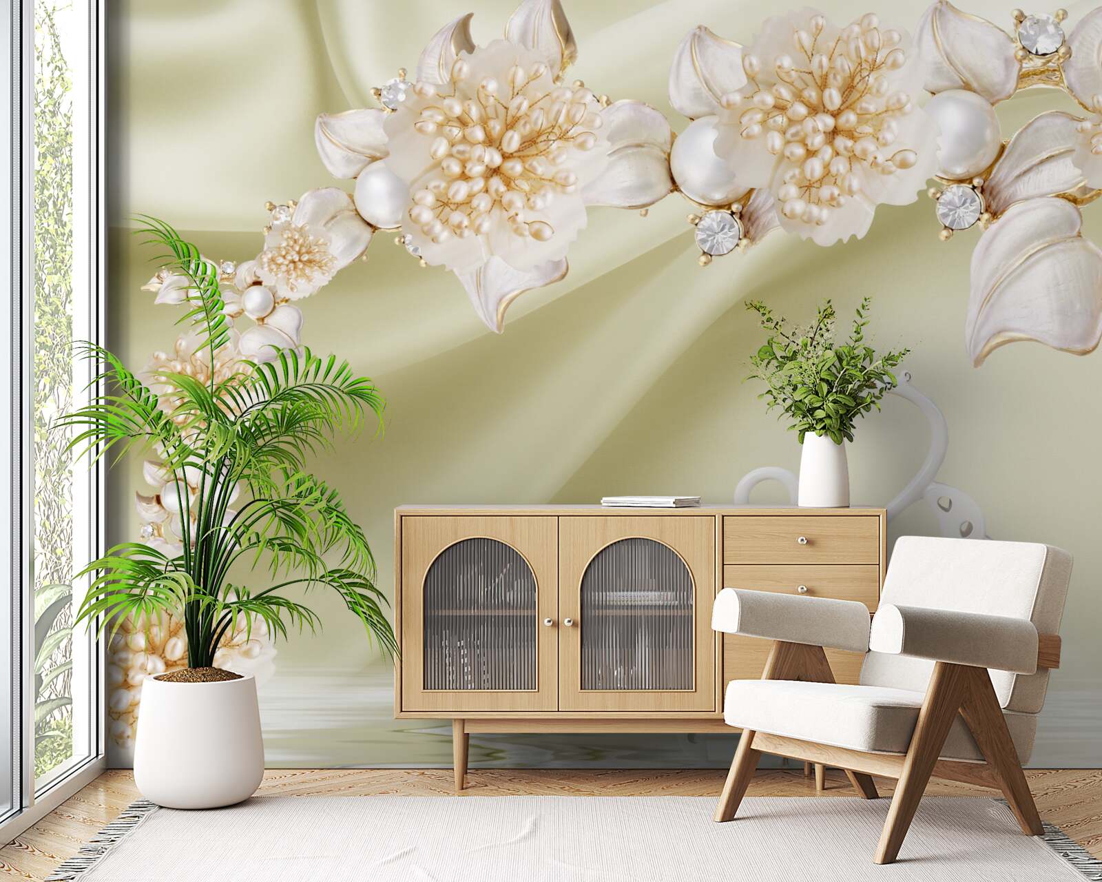 Фотошпалери розпускаються бутони, прикрашені золотом і перлами