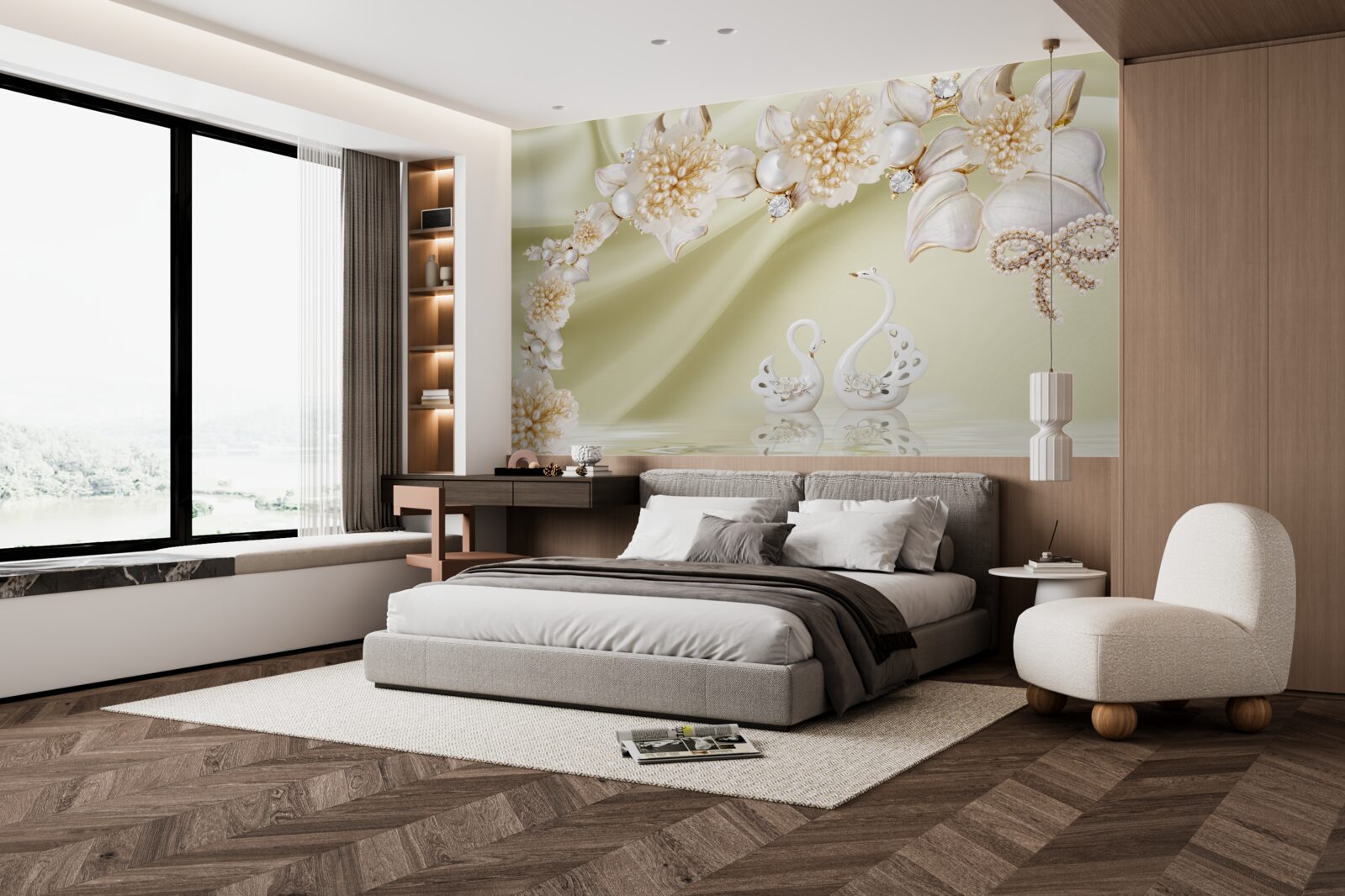 Фотошпалери розпускаються бутони, прикрашені золотом і перлами