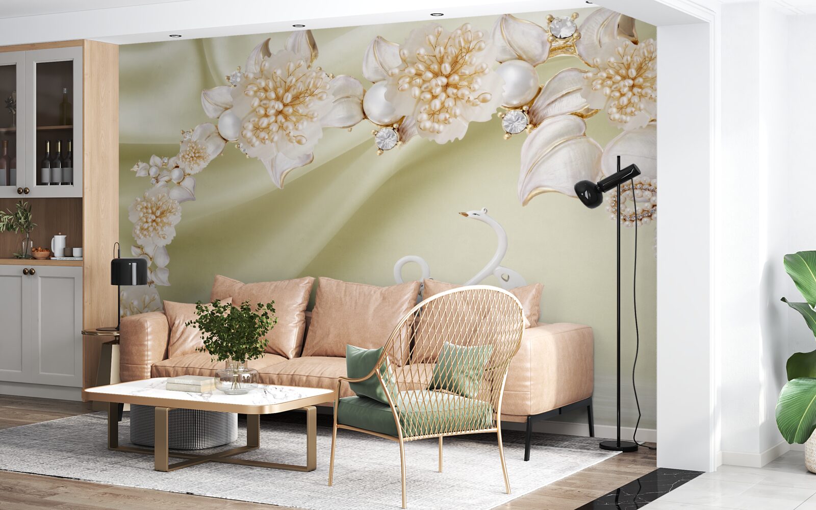 Фотошпалери розпускаються бутони, прикрашені золотом і перлами