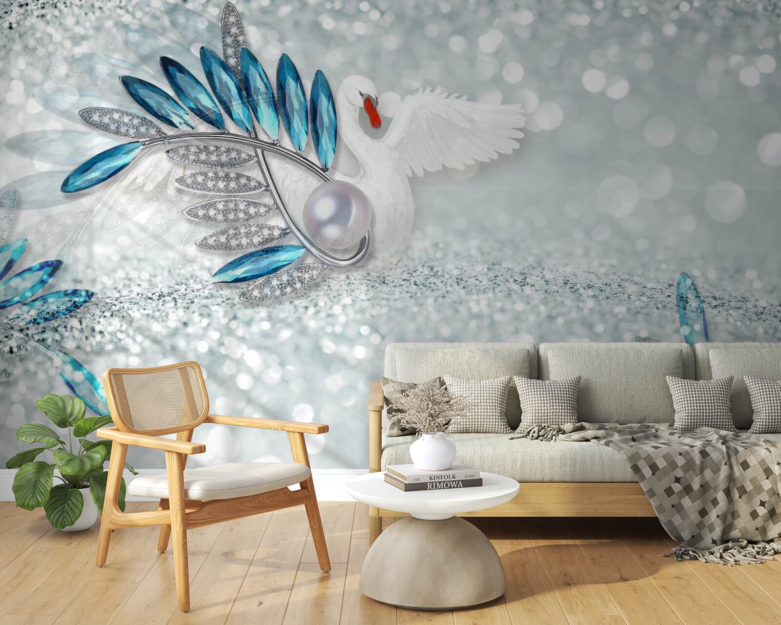 Фотошпалери прикраси з білого лебедя та перламутру