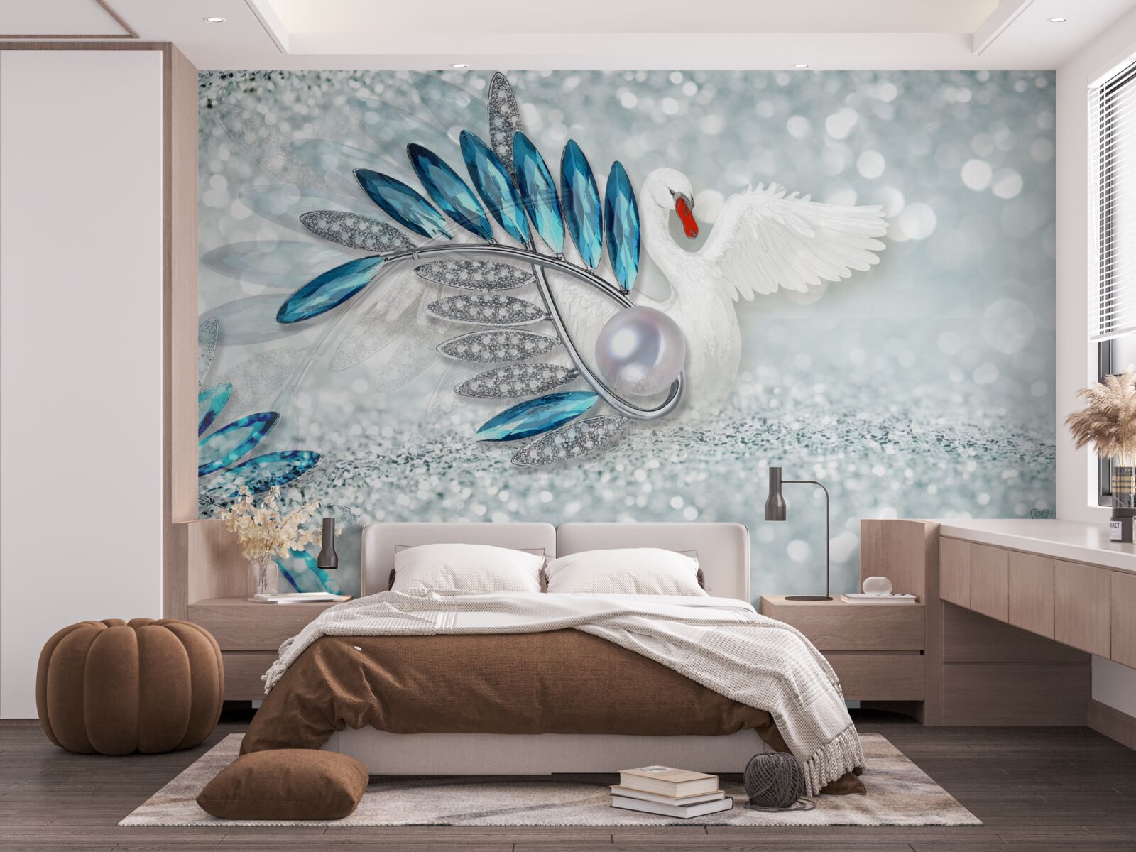 Фотошпалери прикраси з білого лебедя та перламутру