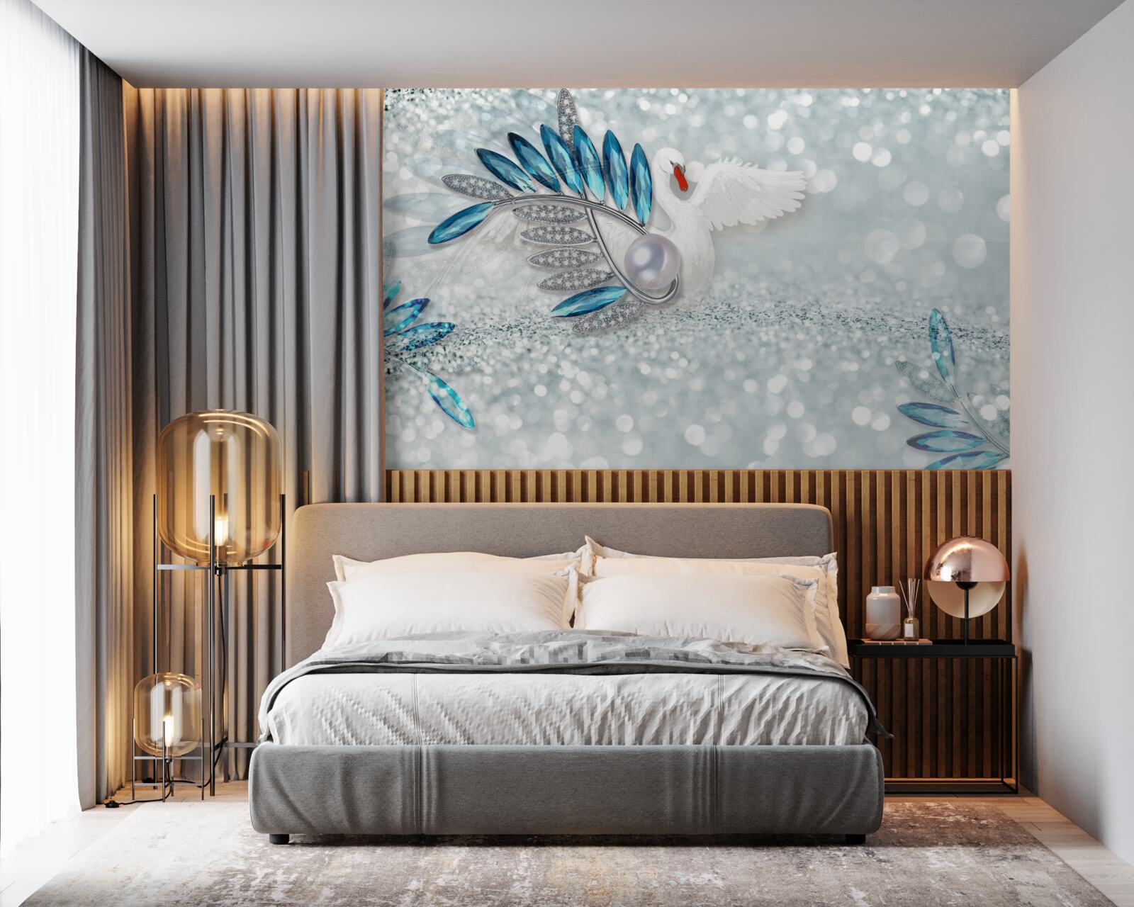 Фотошпалери прикраси з білого лебедя та перламутру