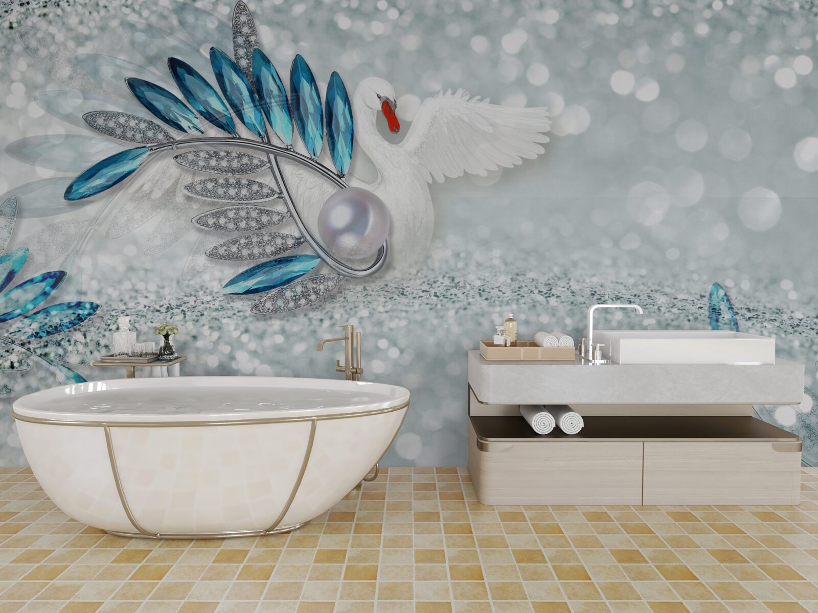 Фотошпалери прикраси з білого лебедя та перламутру