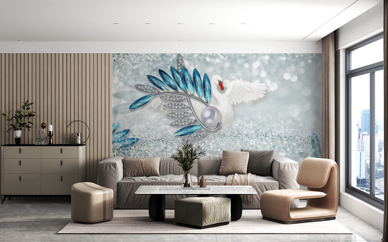 Фотошпалери прикраси з білого лебедя та перламутру