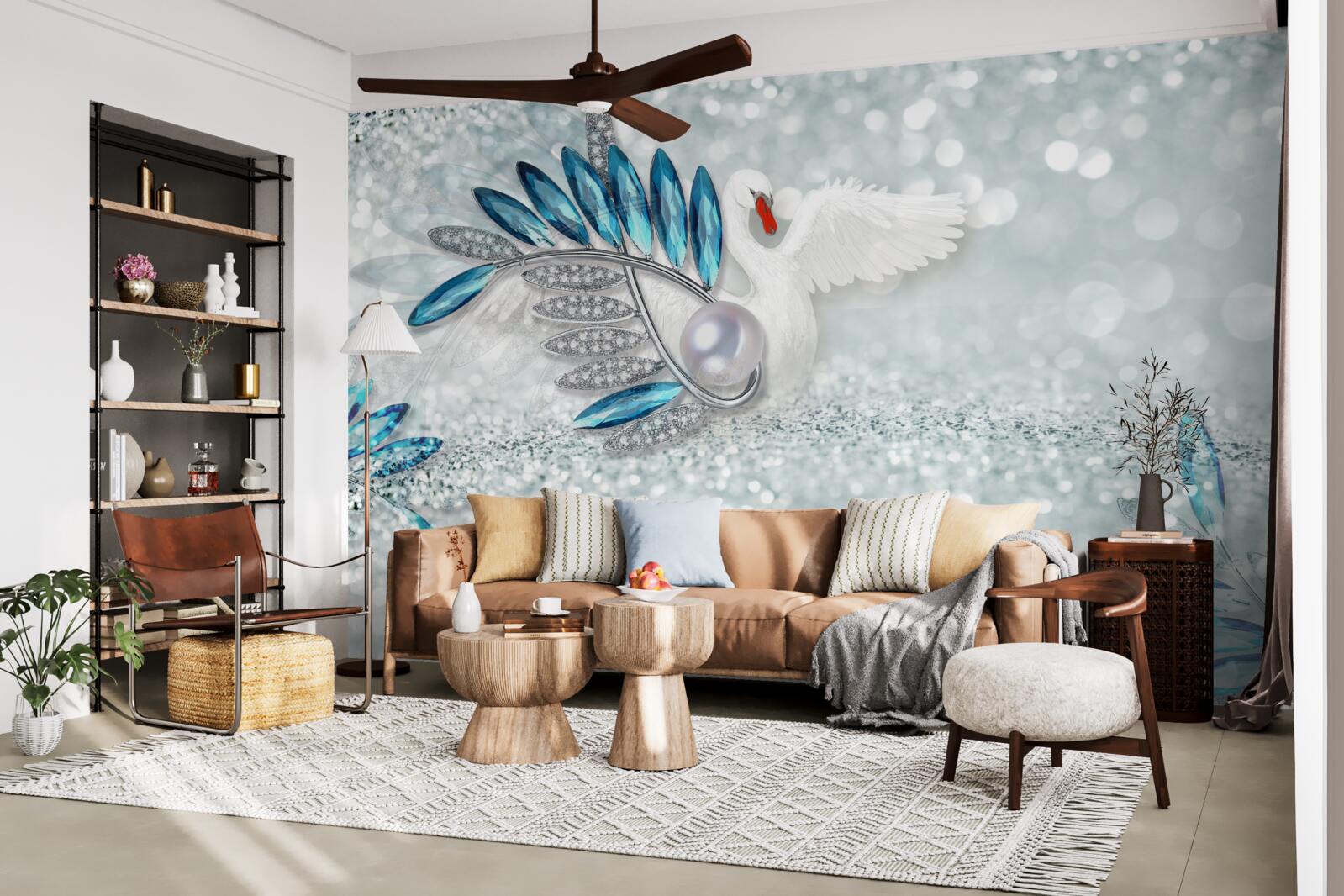 Фотошпалери прикраси з білого лебедя та перламутру